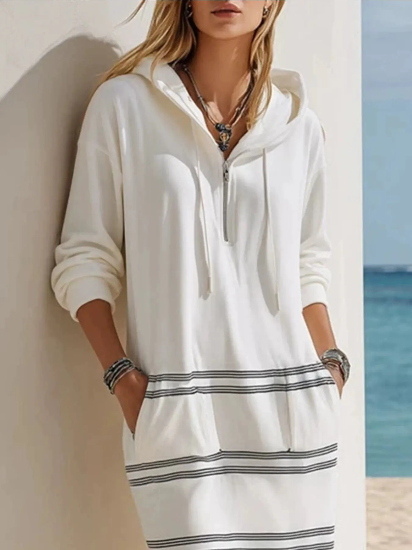 Casual Striped Drawstring Hooded Dress 2