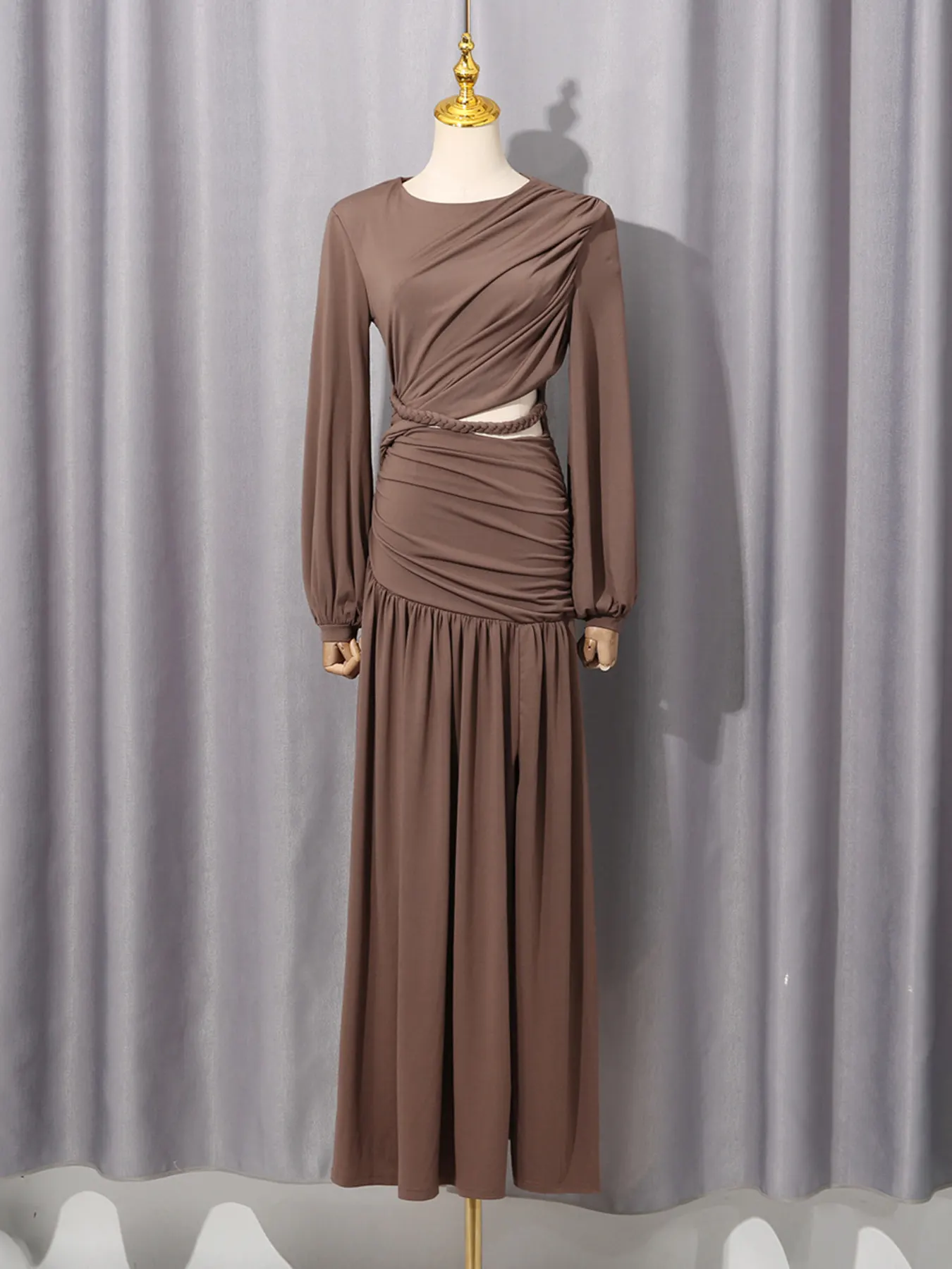 Ruched Long-Sleeve Maxi Dress with Cutout Detail 2