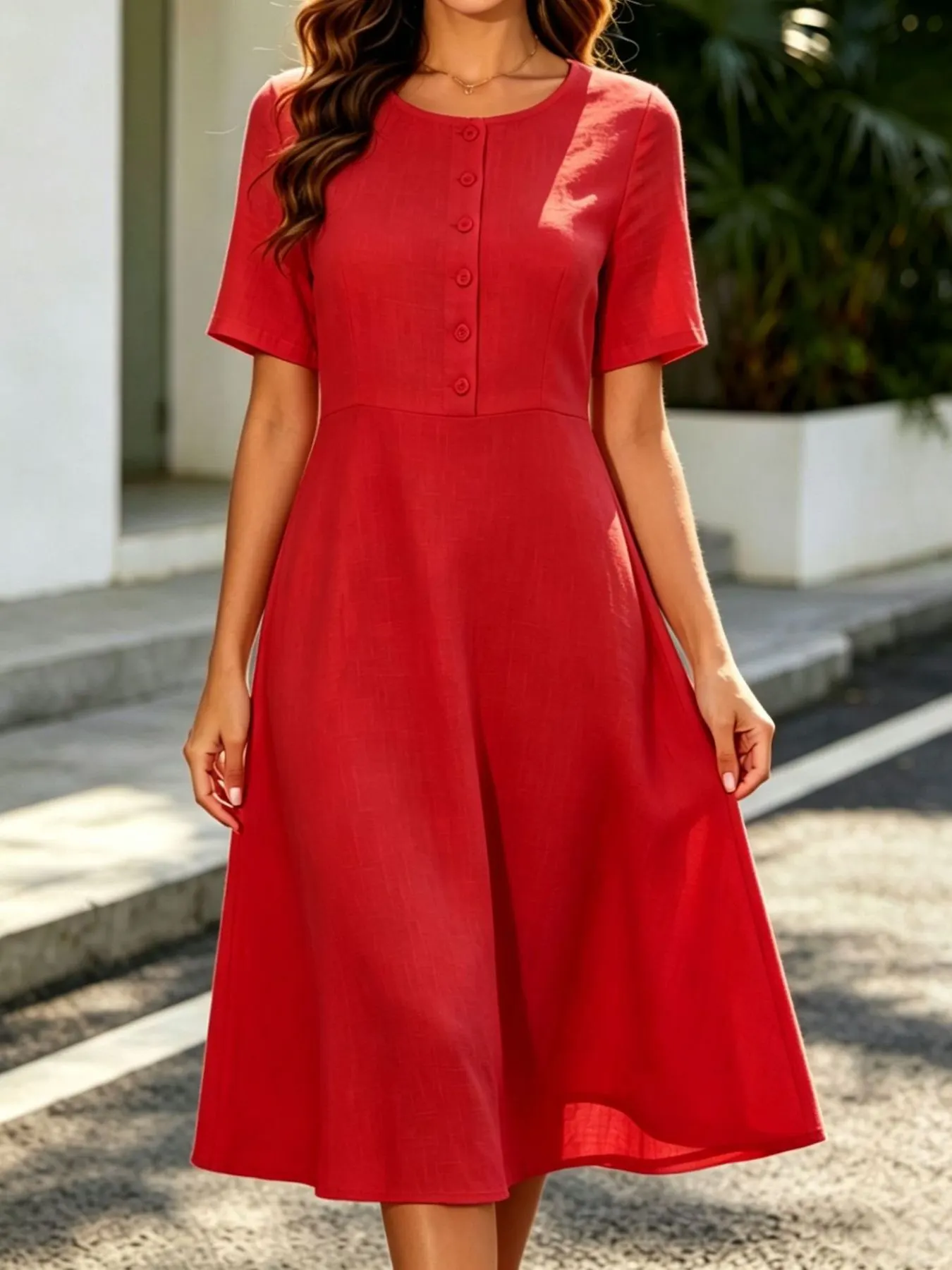 Button Detail A-Line Midi Dress 3