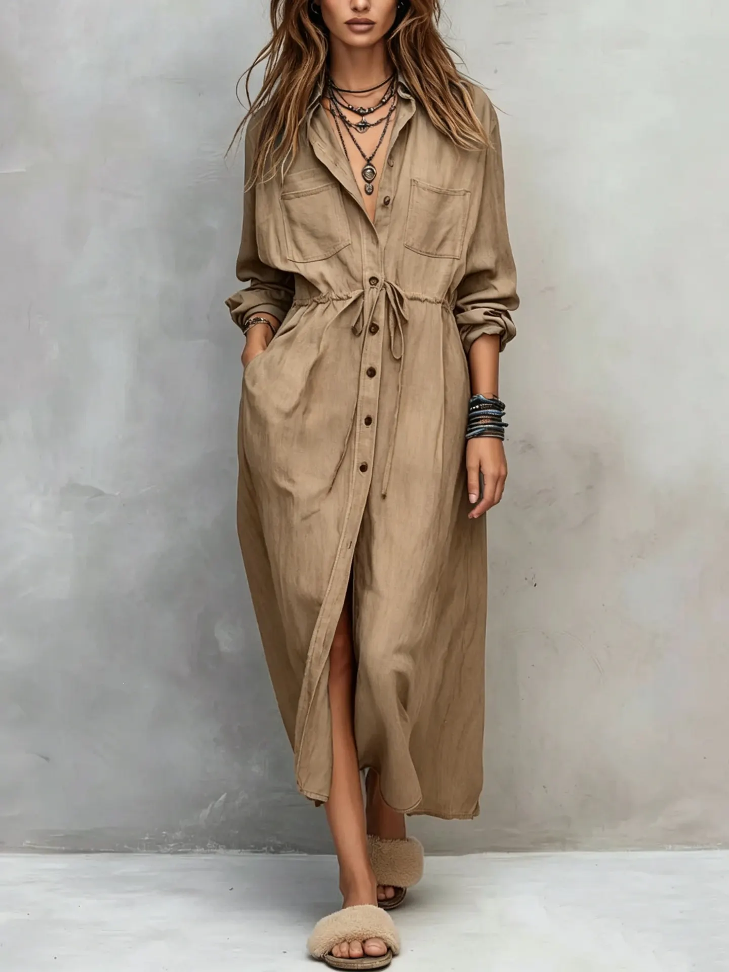 Full Size Button Front Long Sleeve Shirt Dress Plus Size 10