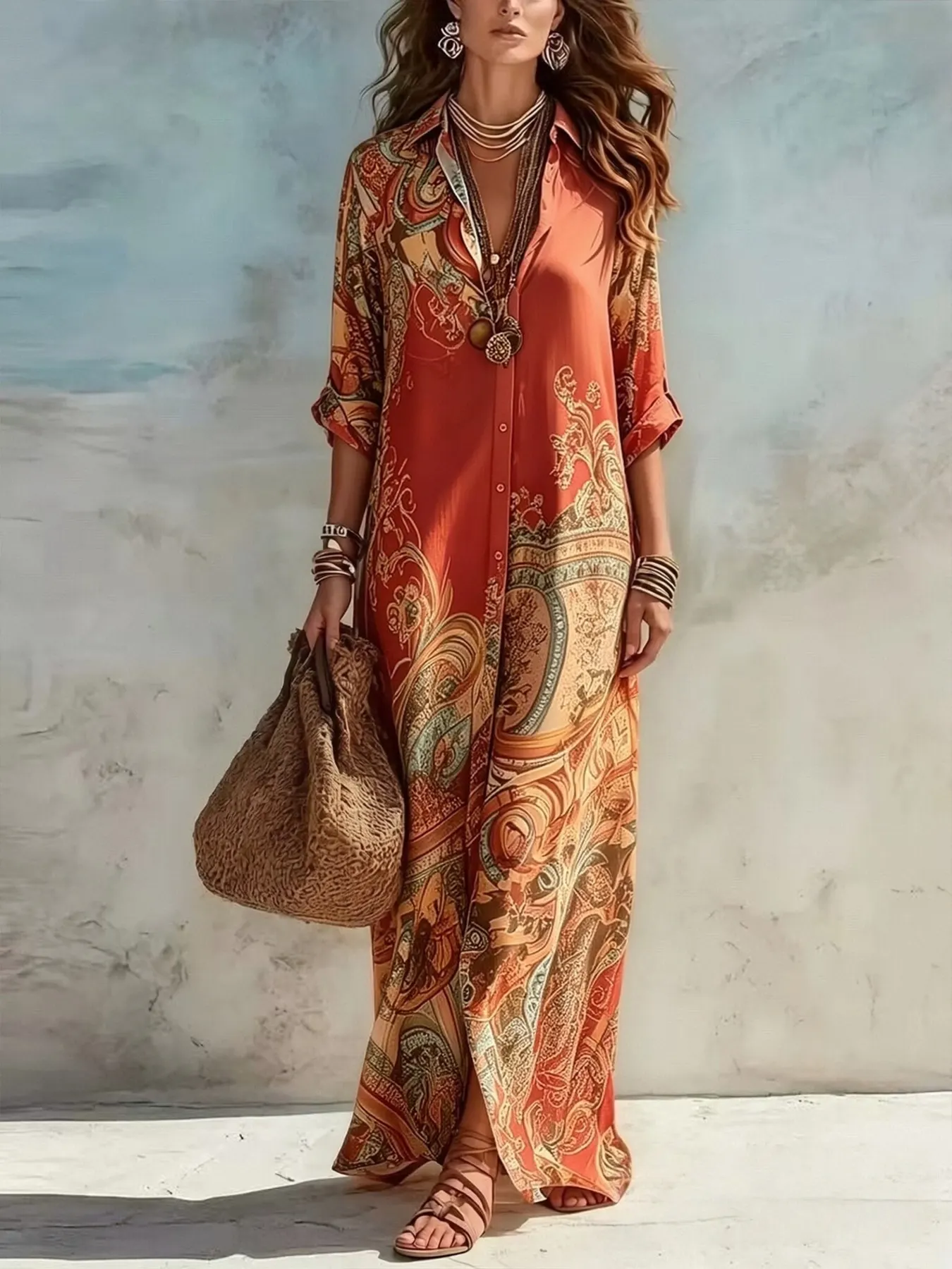 Full Size Printed Button Down Roll-Up Sleeve Shirt Maxi Dress Plus Size 8
