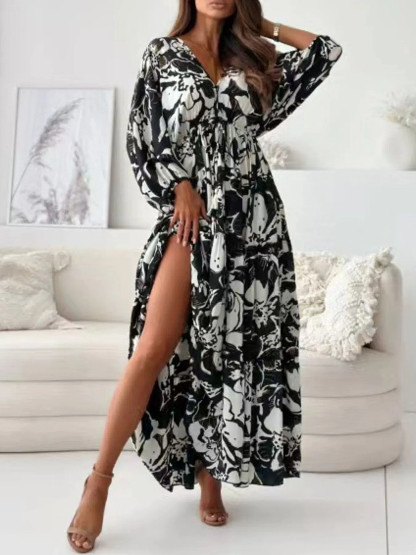 Printed V-Neck Balloon Sleeve Slit Maxi Dress