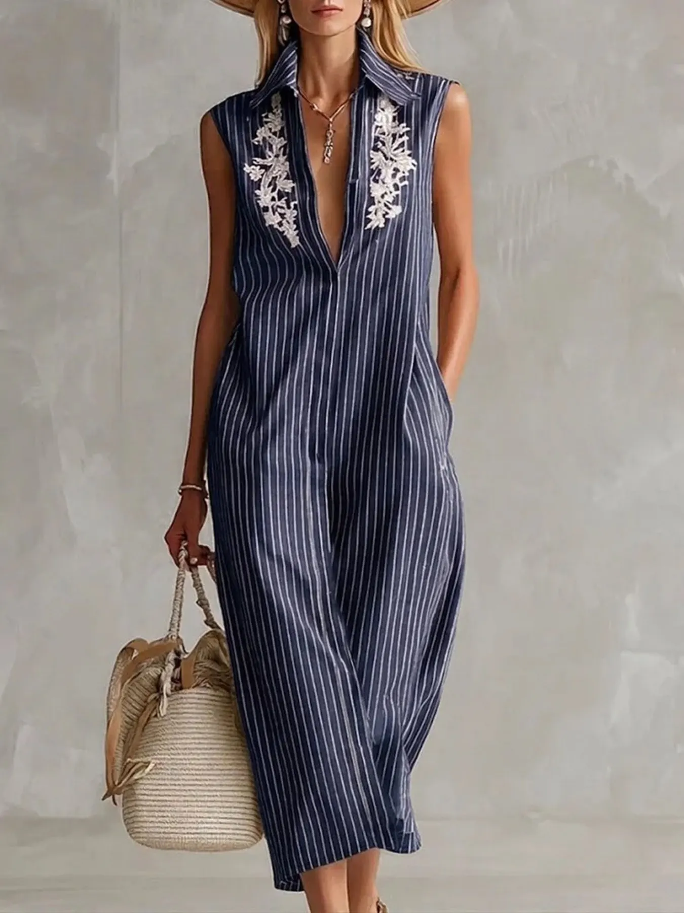 Full Size Striped Sleeveless Collared Neck Shirt Dress Plus Size 3