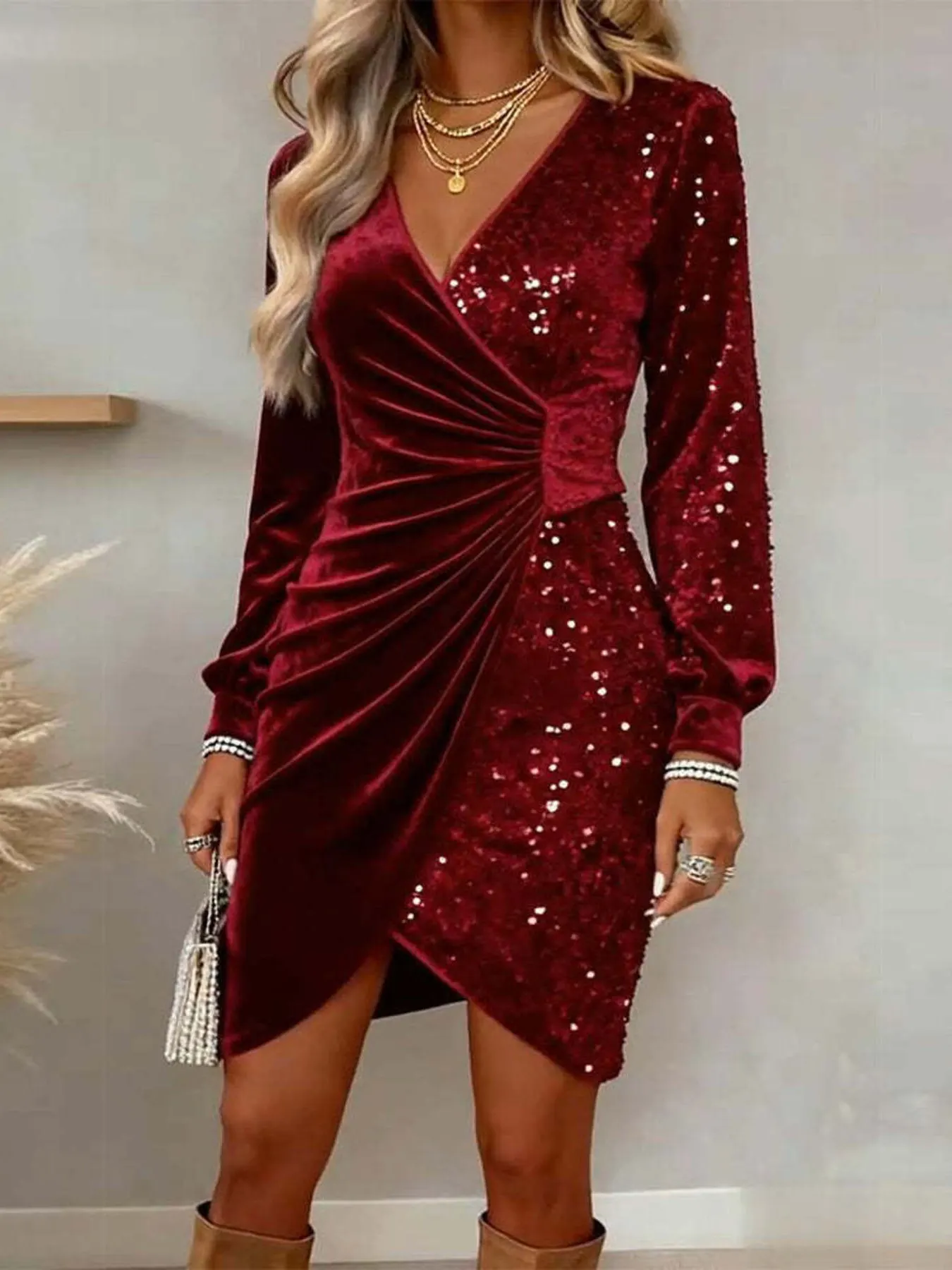 Velvet Sequin Long Sleeve Wrap Dress 8