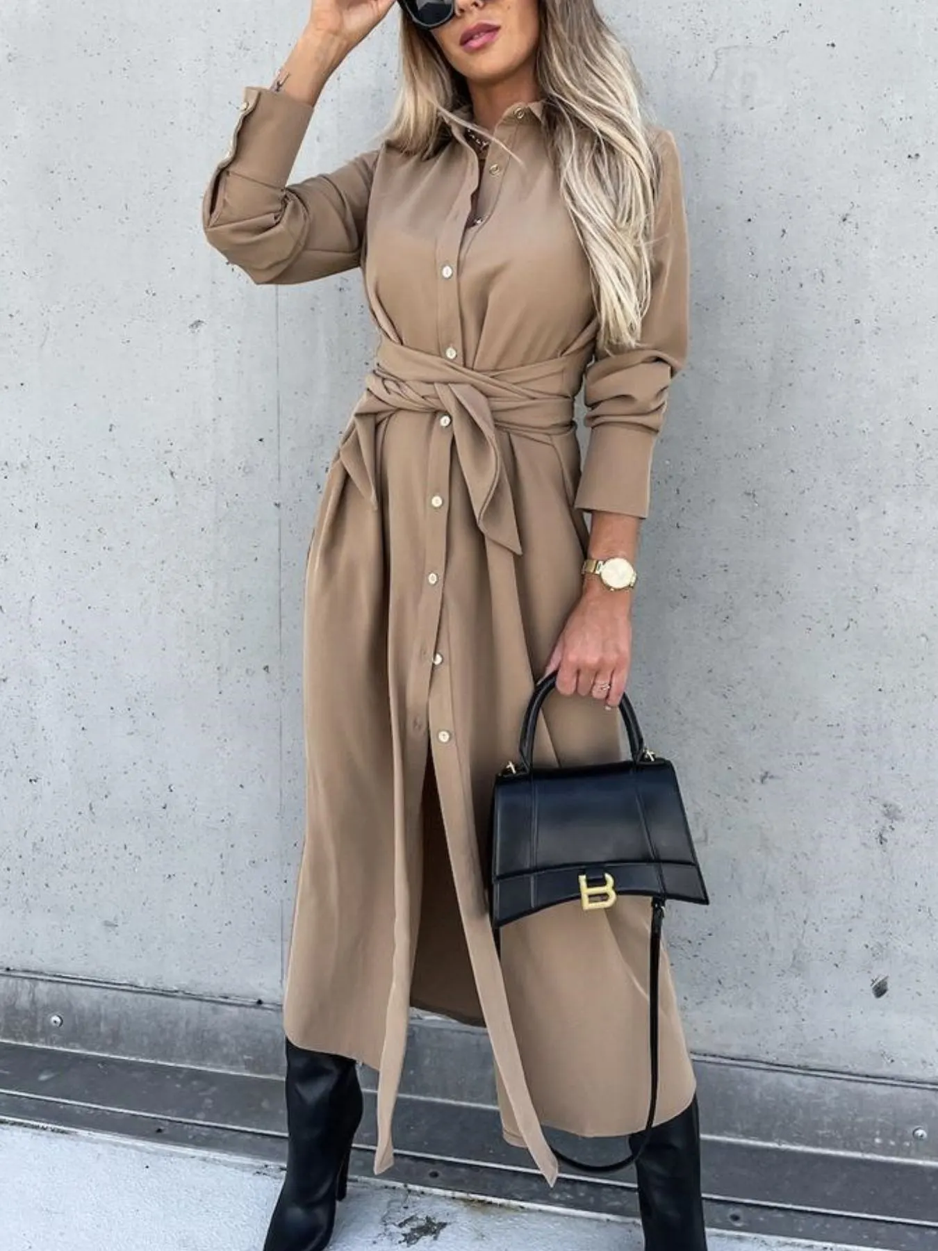 Full Size Tie Waist Long Sleeve Shirt Dress Plus Size