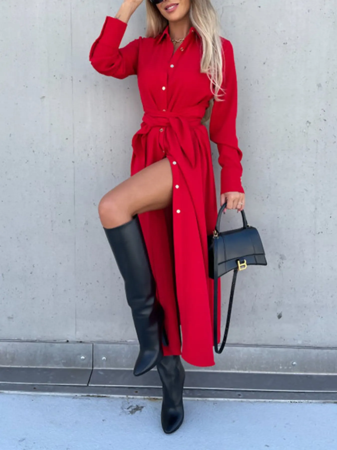 Full Size Tie Waist Long Sleeve Shirt Dress Plus Size 10