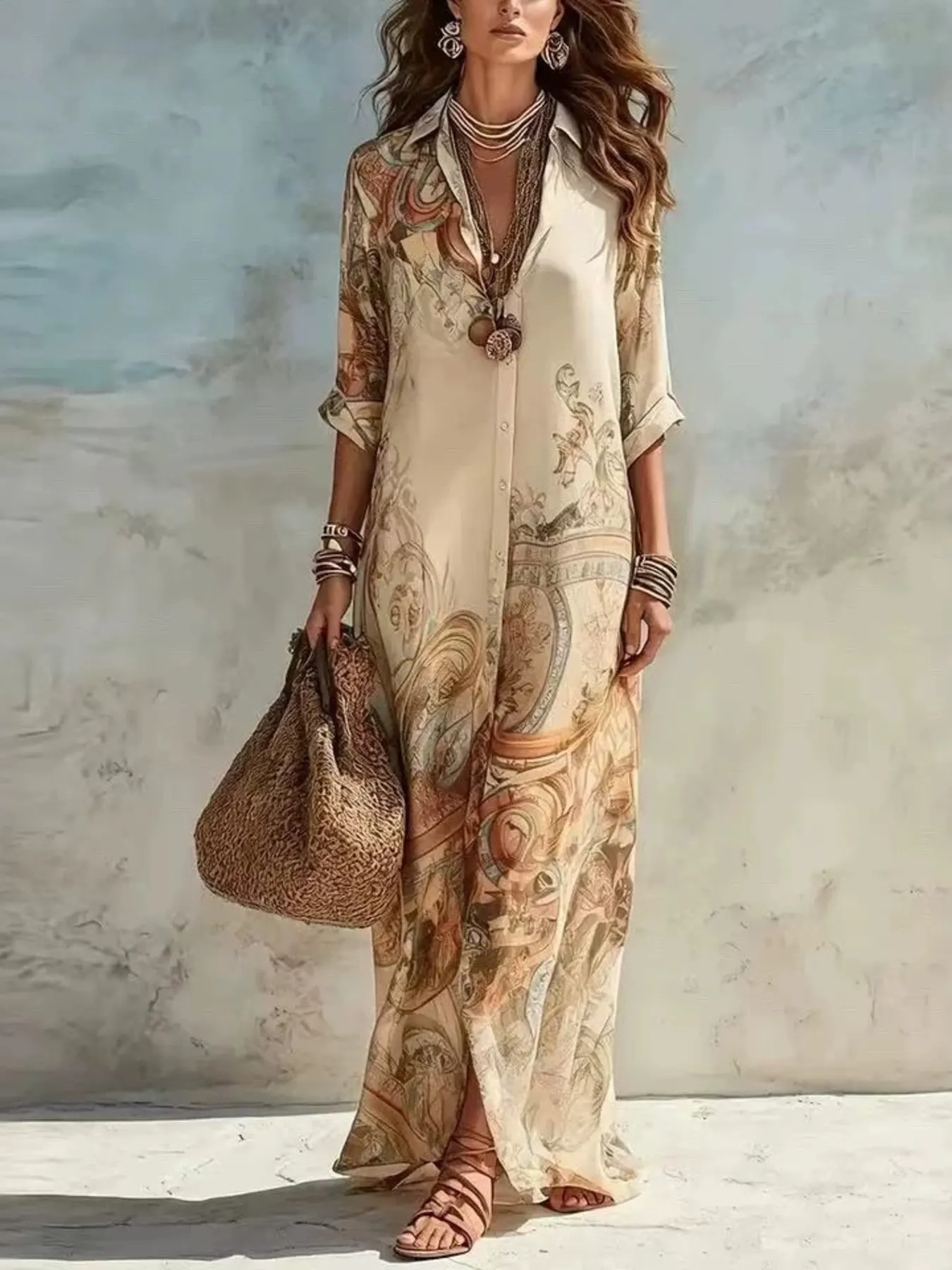 Full Size Printed Button Down Roll-Up Sleeve Shirt Maxi Dress Plus Size