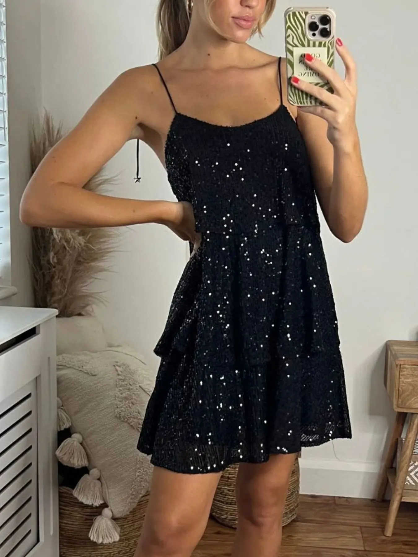 Full Size Sequin Tie Shoulder Mini Dress Plus Size 14