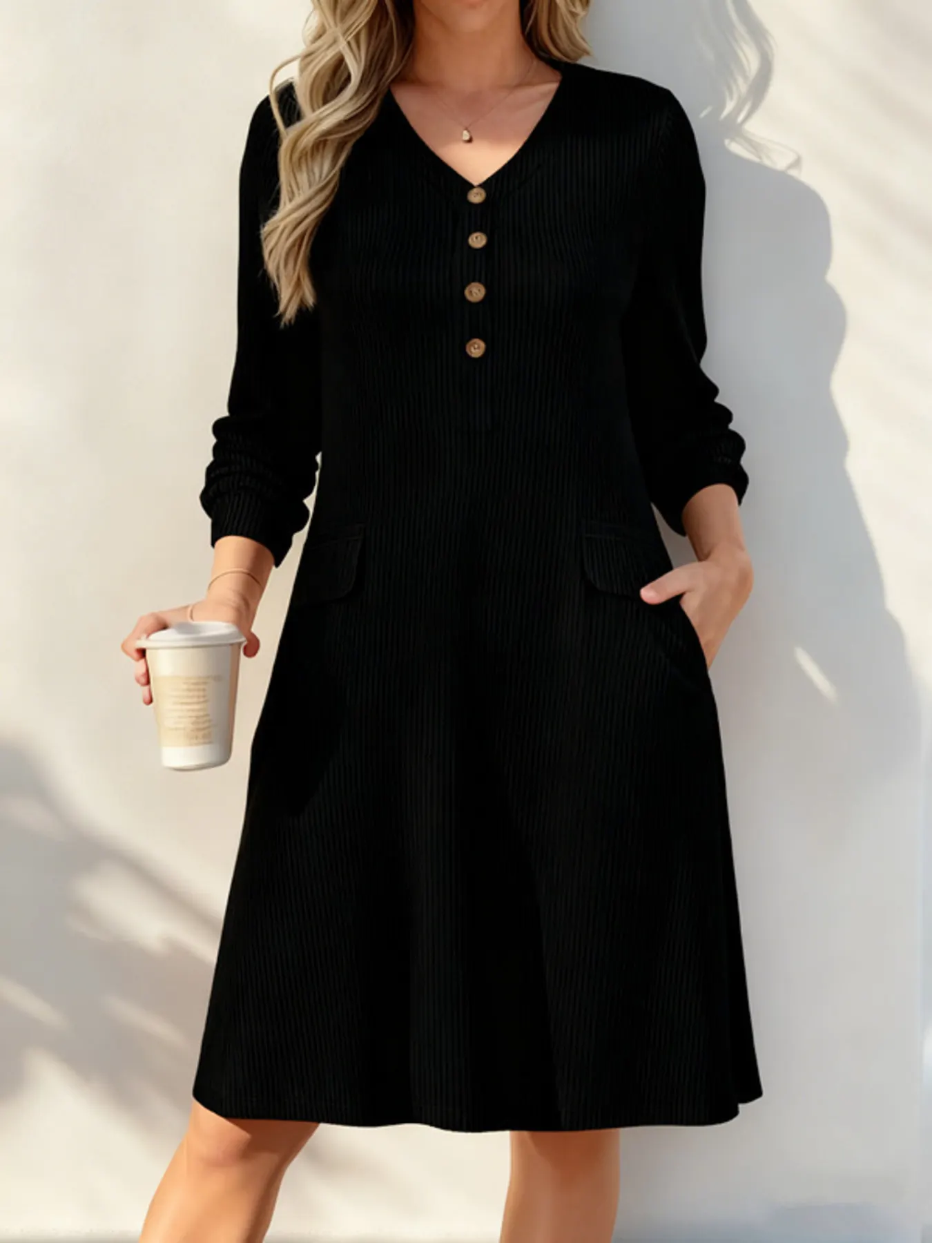 Full Size Ribbed Knit V-Neck Dress Plus Size 2