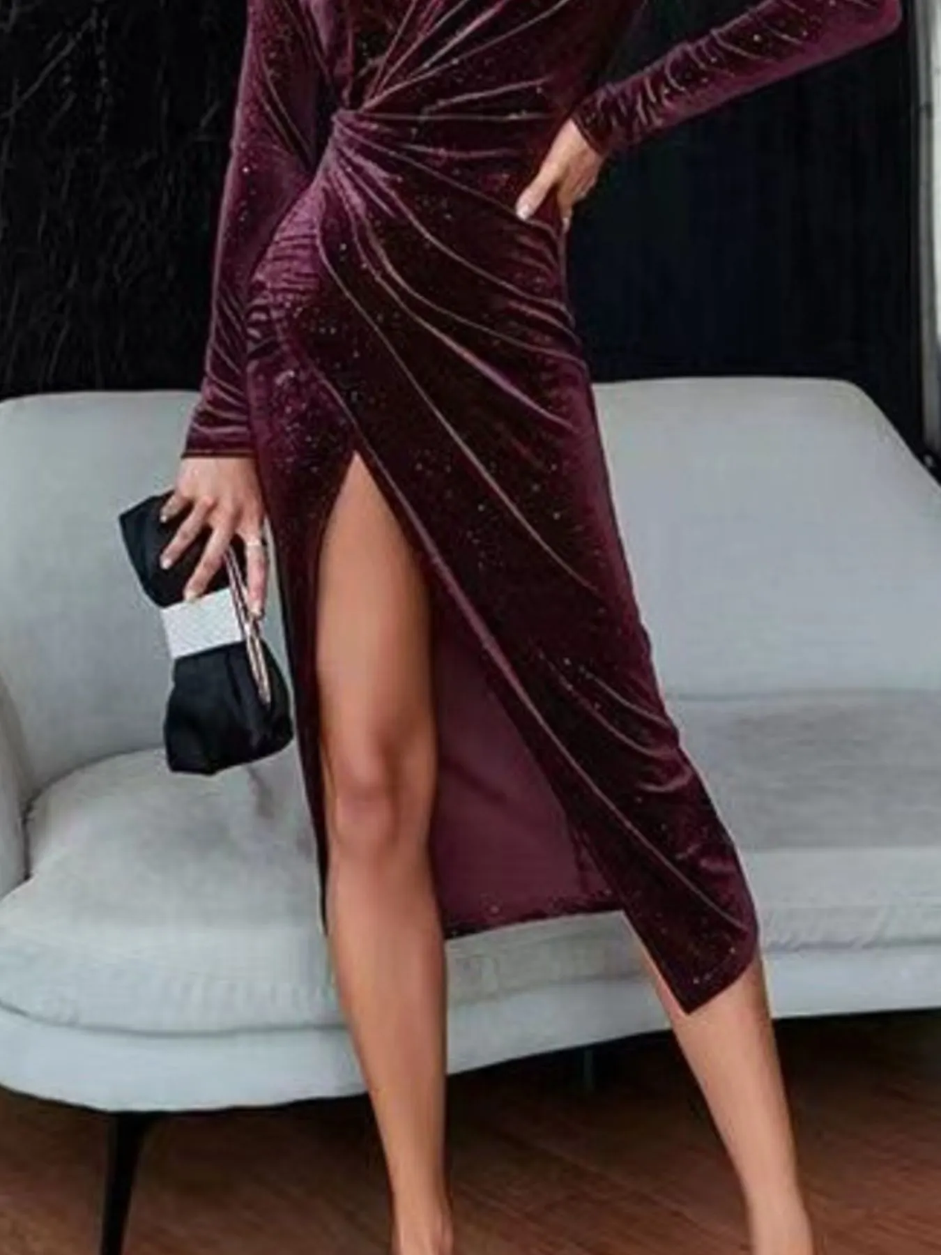 Velvet Ruched Slit Midi Dress 15