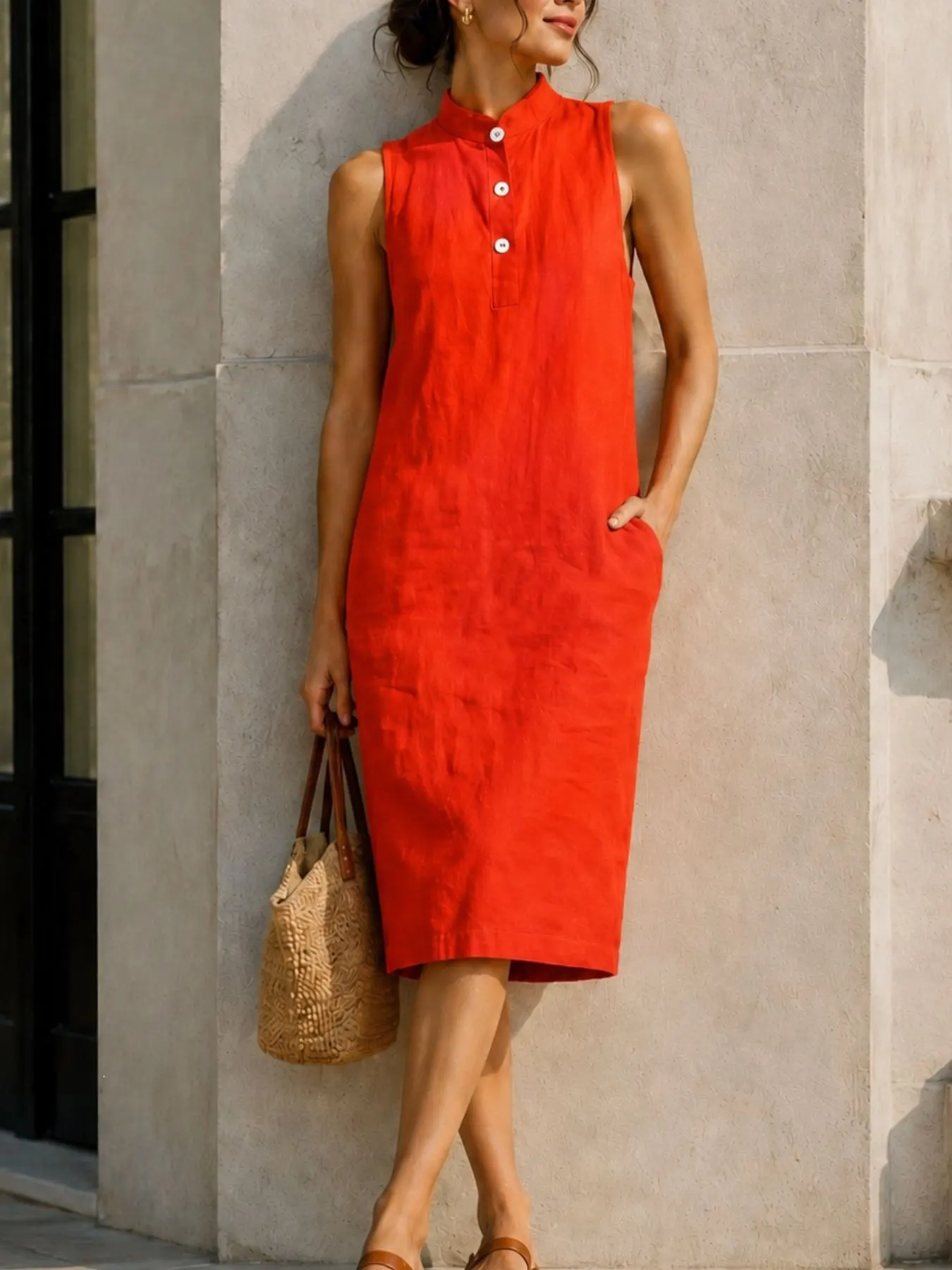 Button Detail Sleeveless Midi Dress 3