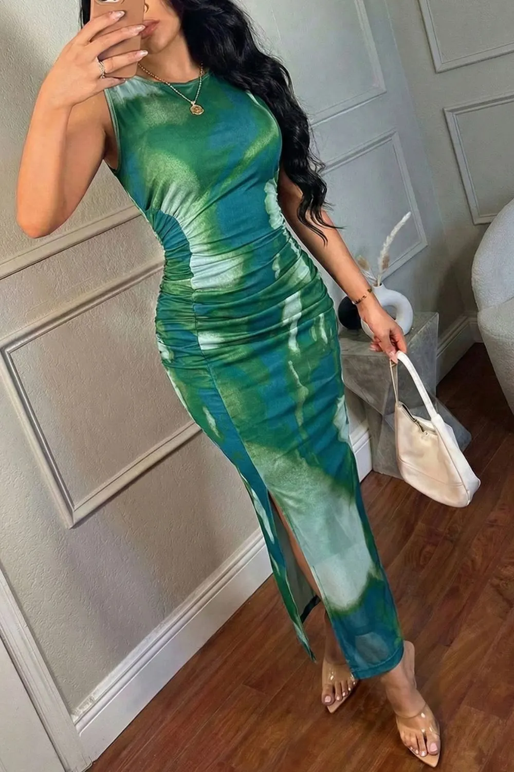 Sleeveless Ruched Tie-Dye Maxi Dress 3