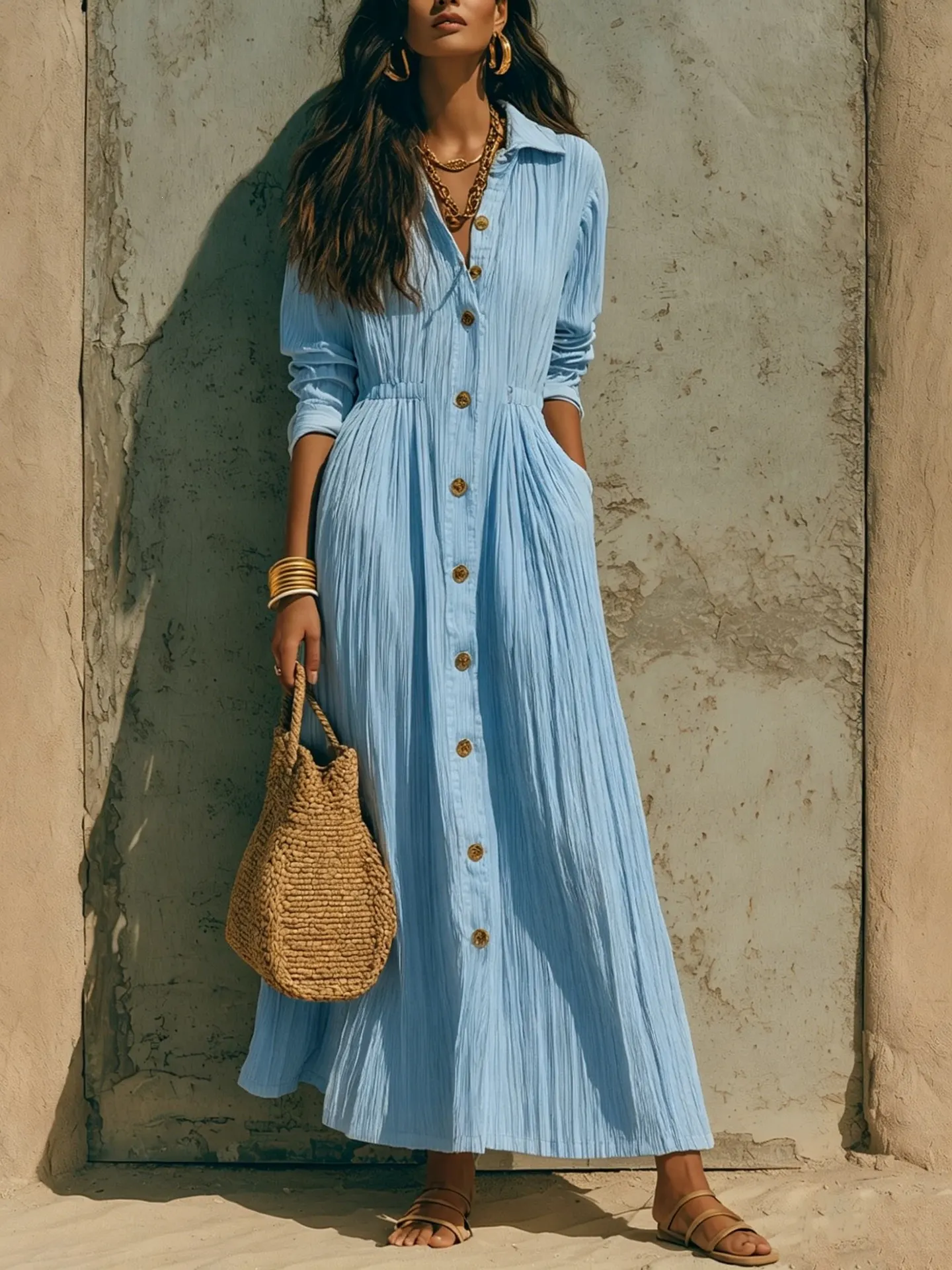 Full Size Textured Button Front Long Sleeve Maxi Dress Plus Size 21
