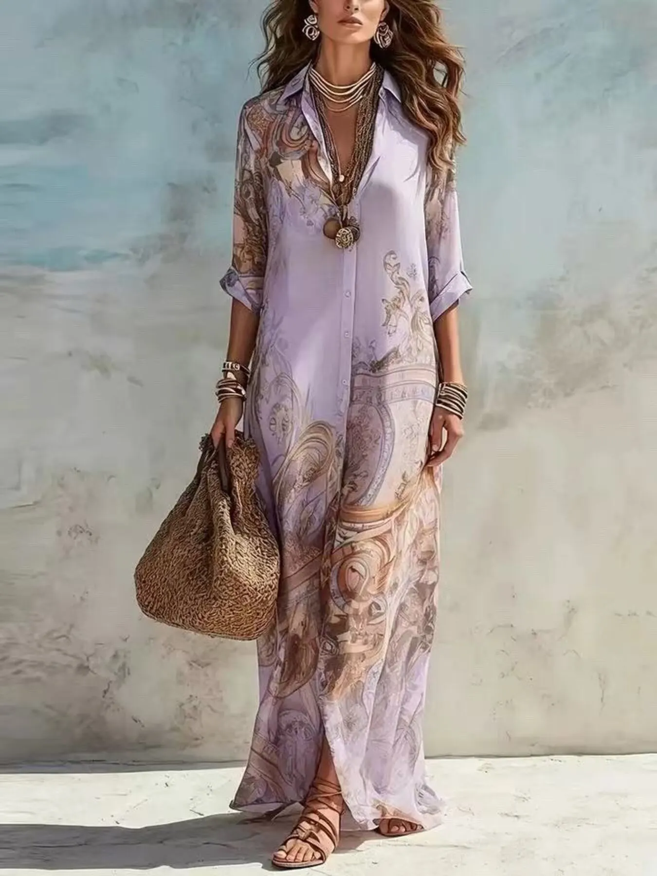 Full Size Printed Button Down Roll-Up Sleeve Shirt Maxi Dress Plus Size 7
