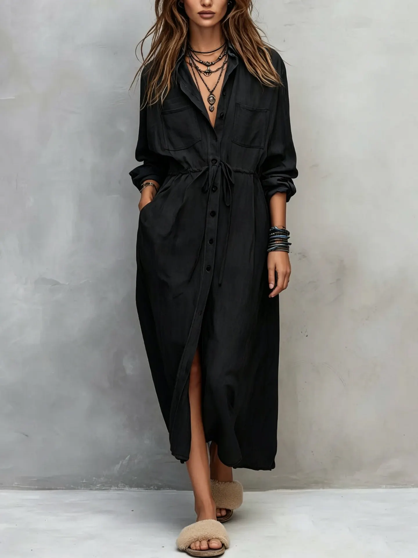 Full Size Button Front Long Sleeve Shirt Dress Plus Size 5