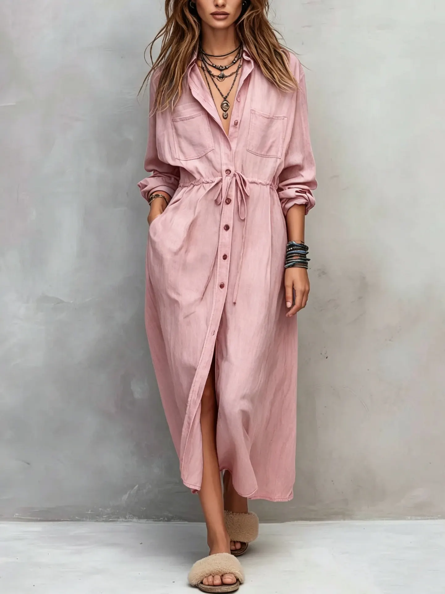 Full Size Button Front Long Sleeve Shirt Dress Plus Size 12