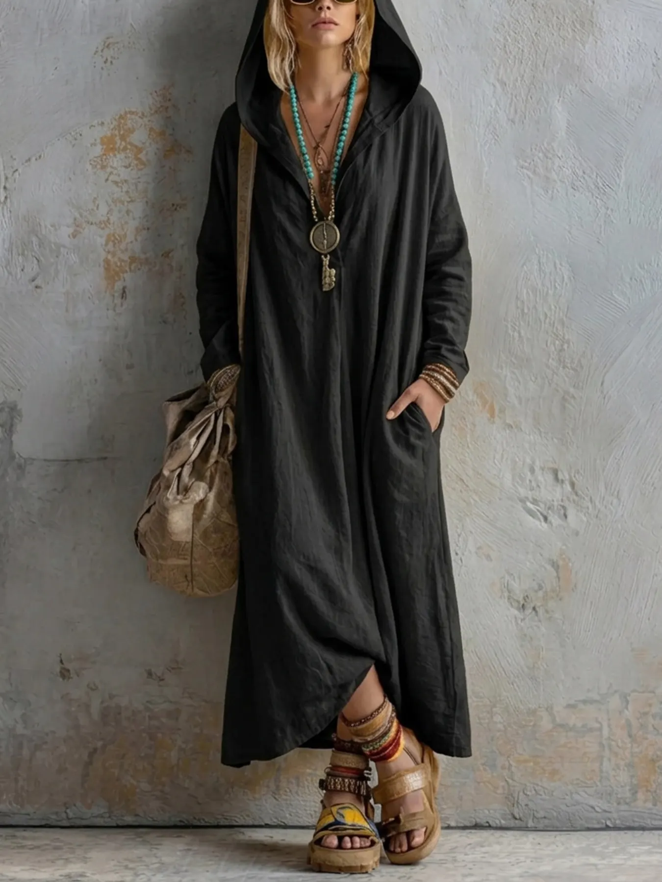 Long Sleeve Hooded Midi Dress with Pockets 4