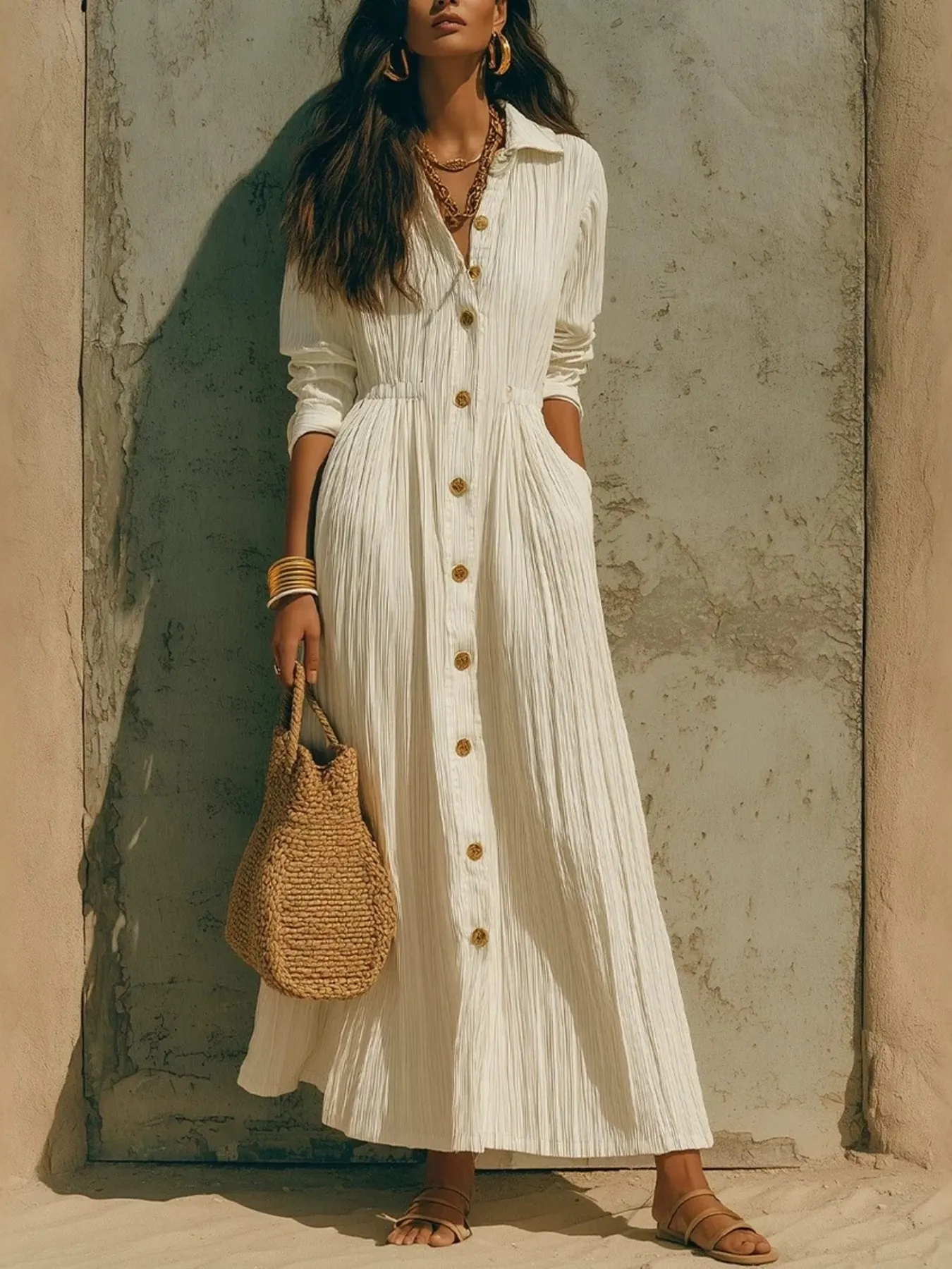Full Size Textured Button Front Long Sleeve Maxi Dress Plus Size 8