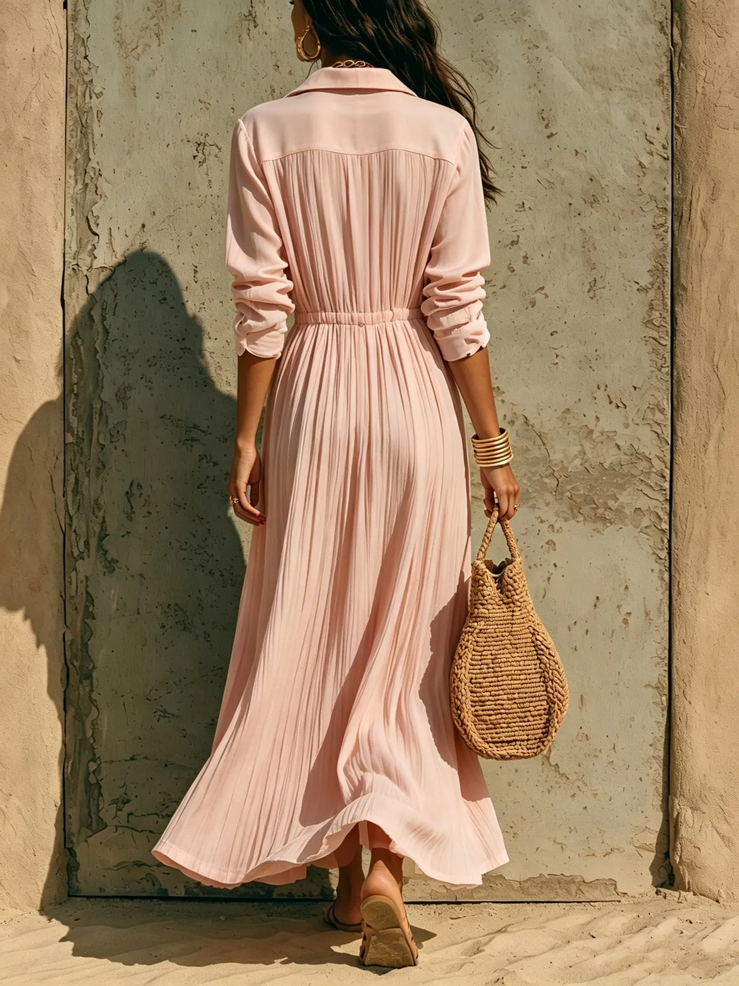 Full Size Textured Button Front Long Sleeve Maxi Dress Plus Size 20