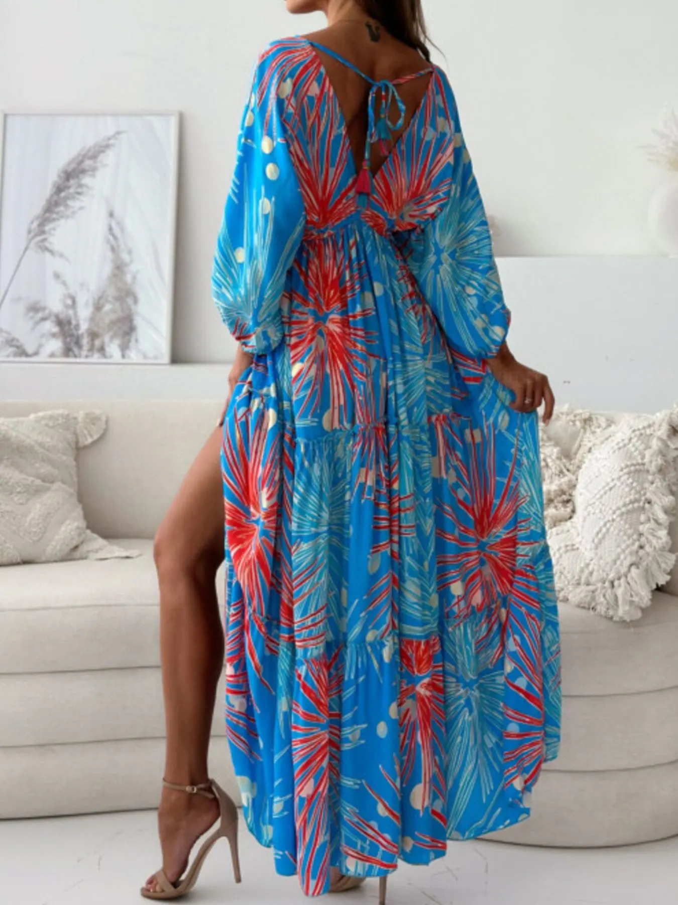 Printed V-Neck Balloon Sleeve Slit Maxi Dress 5