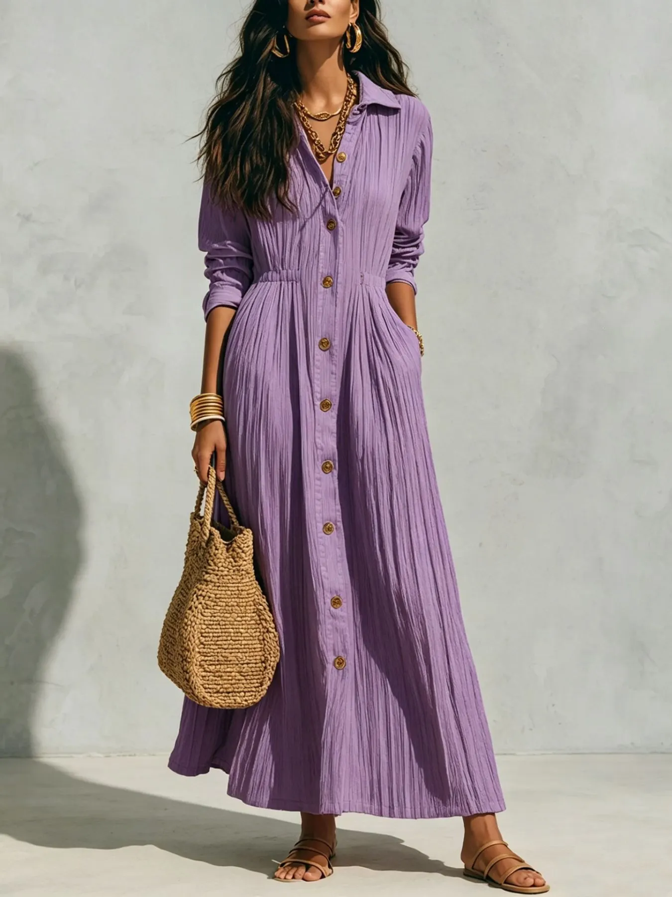 Full Size Textured Button Front Long Sleeve Maxi Dress Plus Size