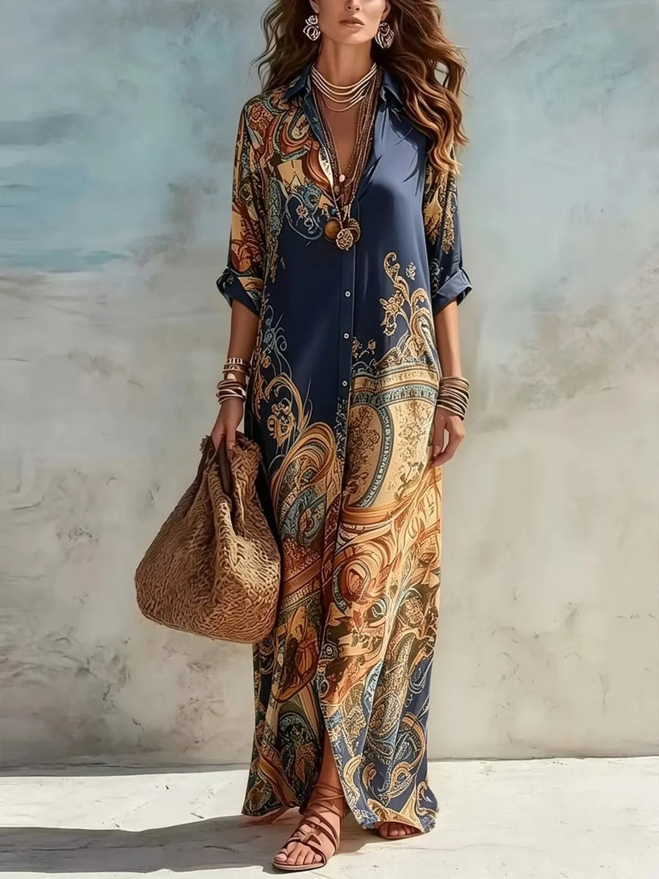 Full Size Printed Button Down Roll-Up Sleeve Shirt Maxi Dress Plus Size 5