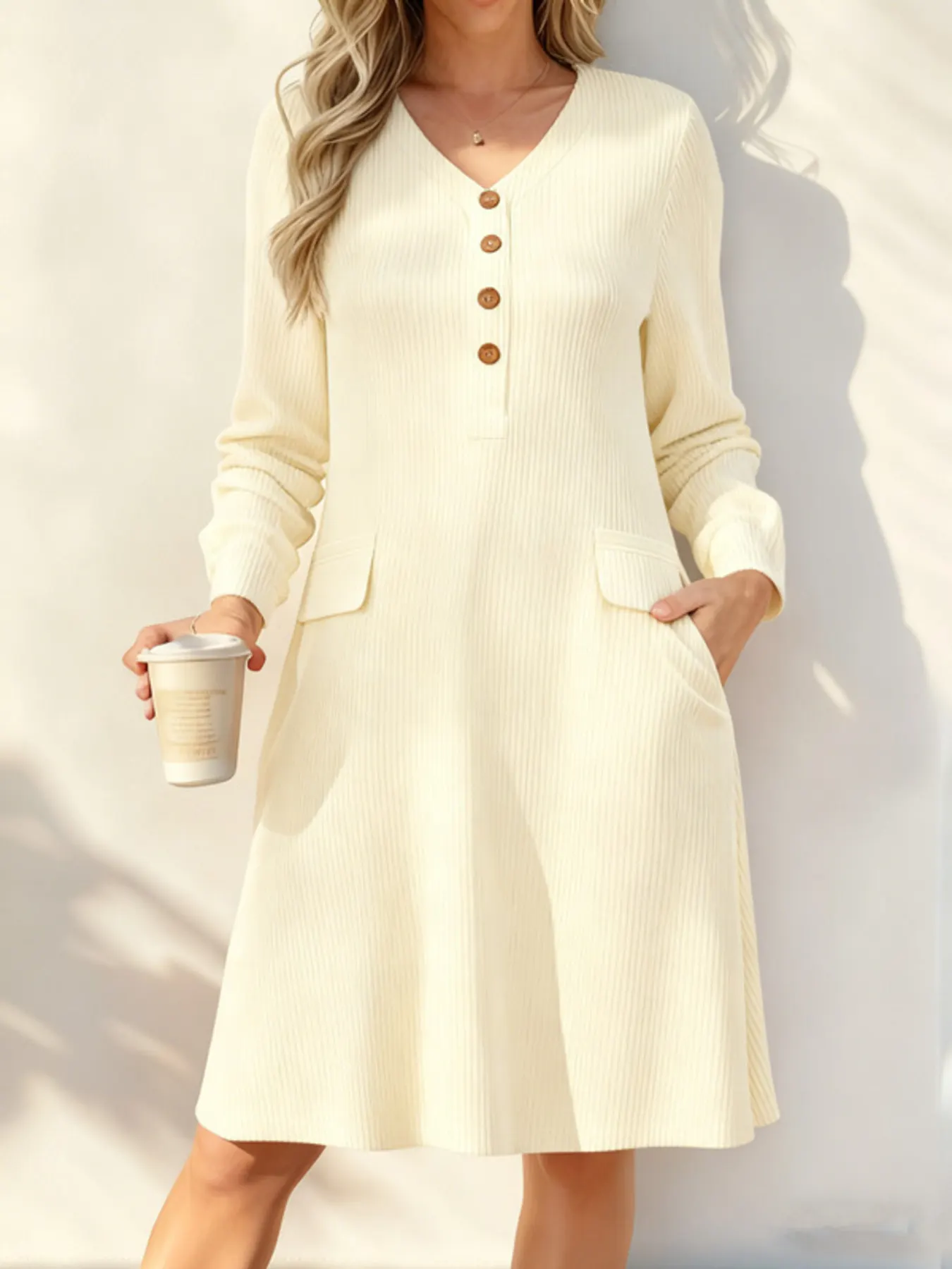 Full Size Ribbed Knit V-Neck Dress Plus Size