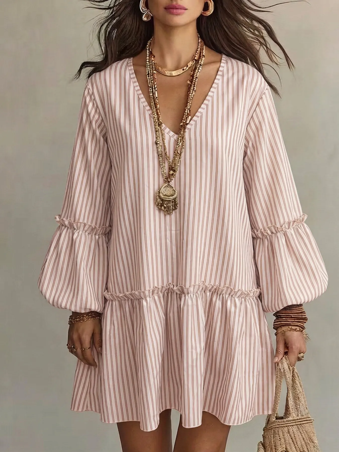 Full Size Striped Balloon Sleeve Mini Dress Plus Size