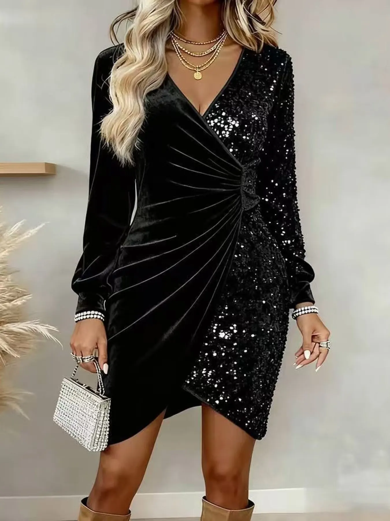 Velvet Sequin Long Sleeve Wrap Dress