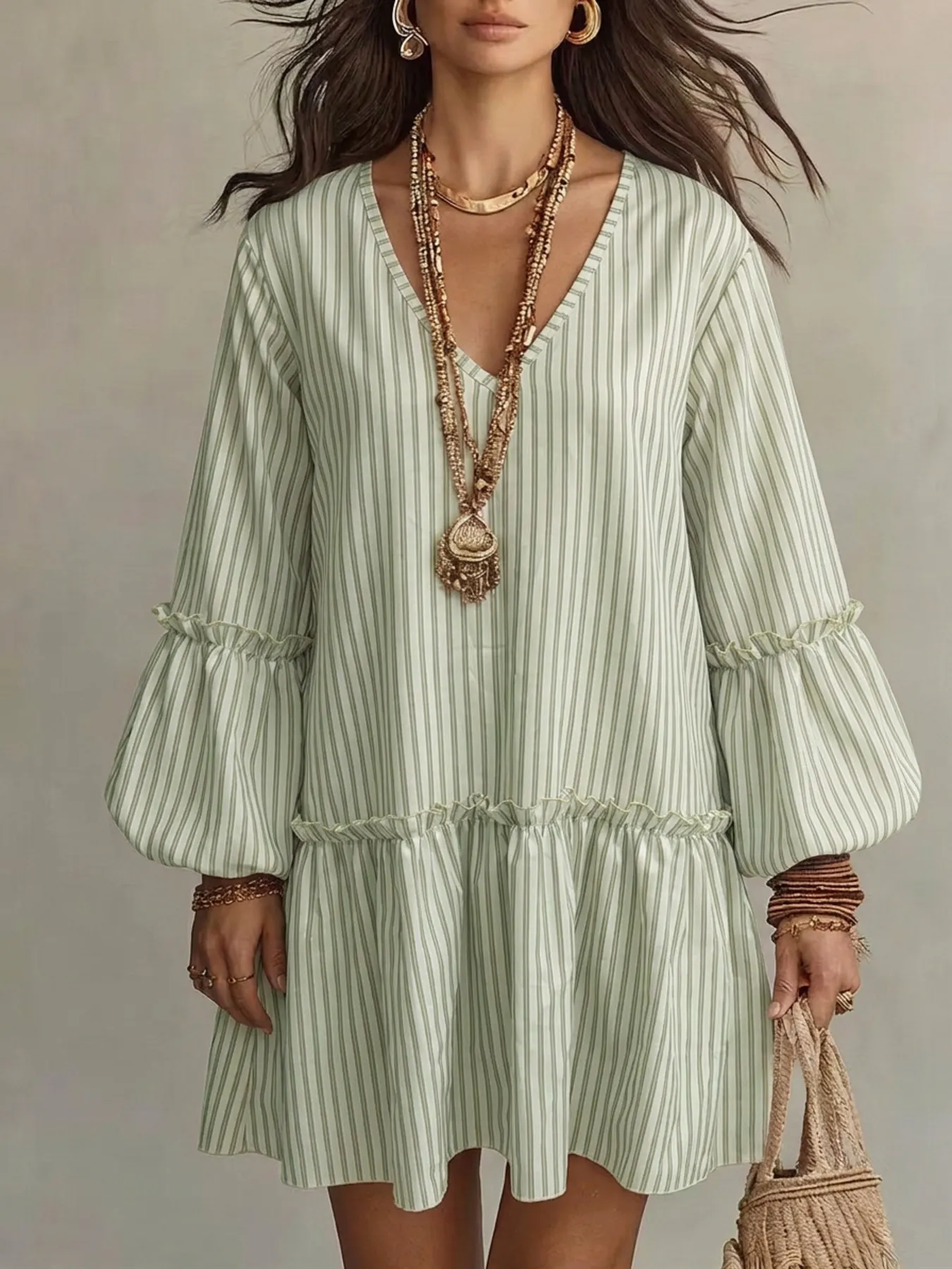 Full Size Striped Balloon Sleeve Mini Dress Plus Size 5