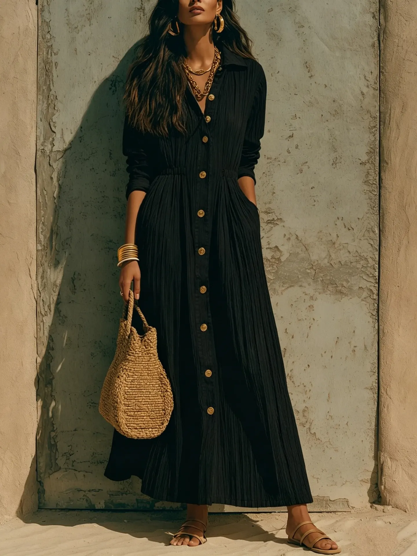 Full Size Textured Button Front Long Sleeve Maxi Dress Plus Size 14