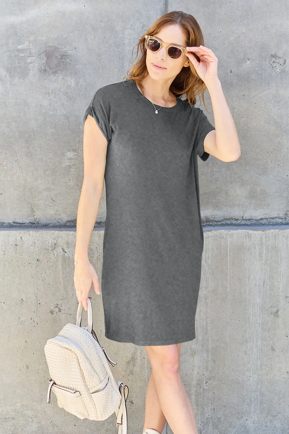 Basic Bae Full Size Solid Round Neck Short Sleeve Casual Loose Mini T-Shirt Dress with Side Pockets 9
