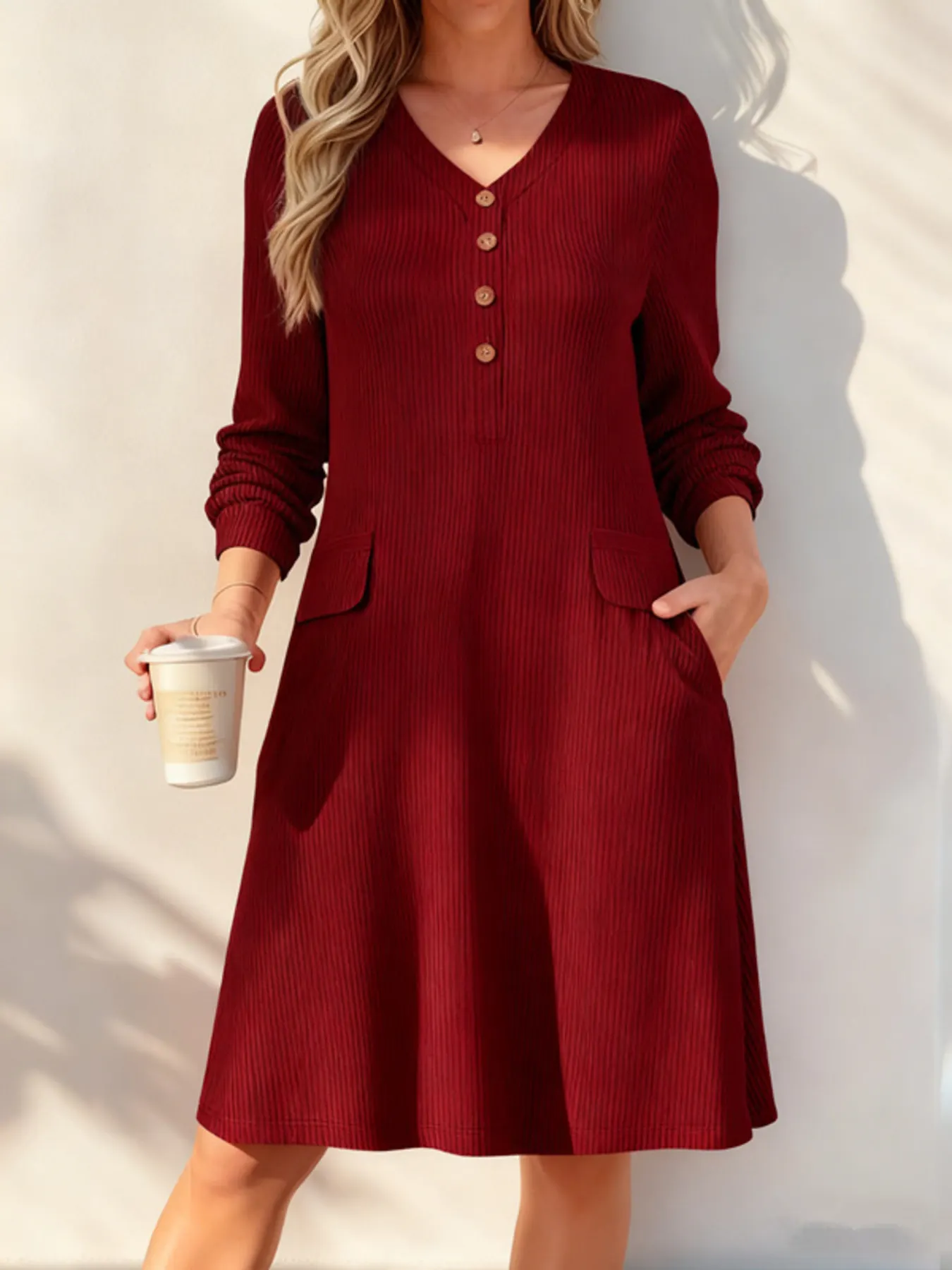 Full Size Ribbed Knit V-Neck Dress Plus Size 4