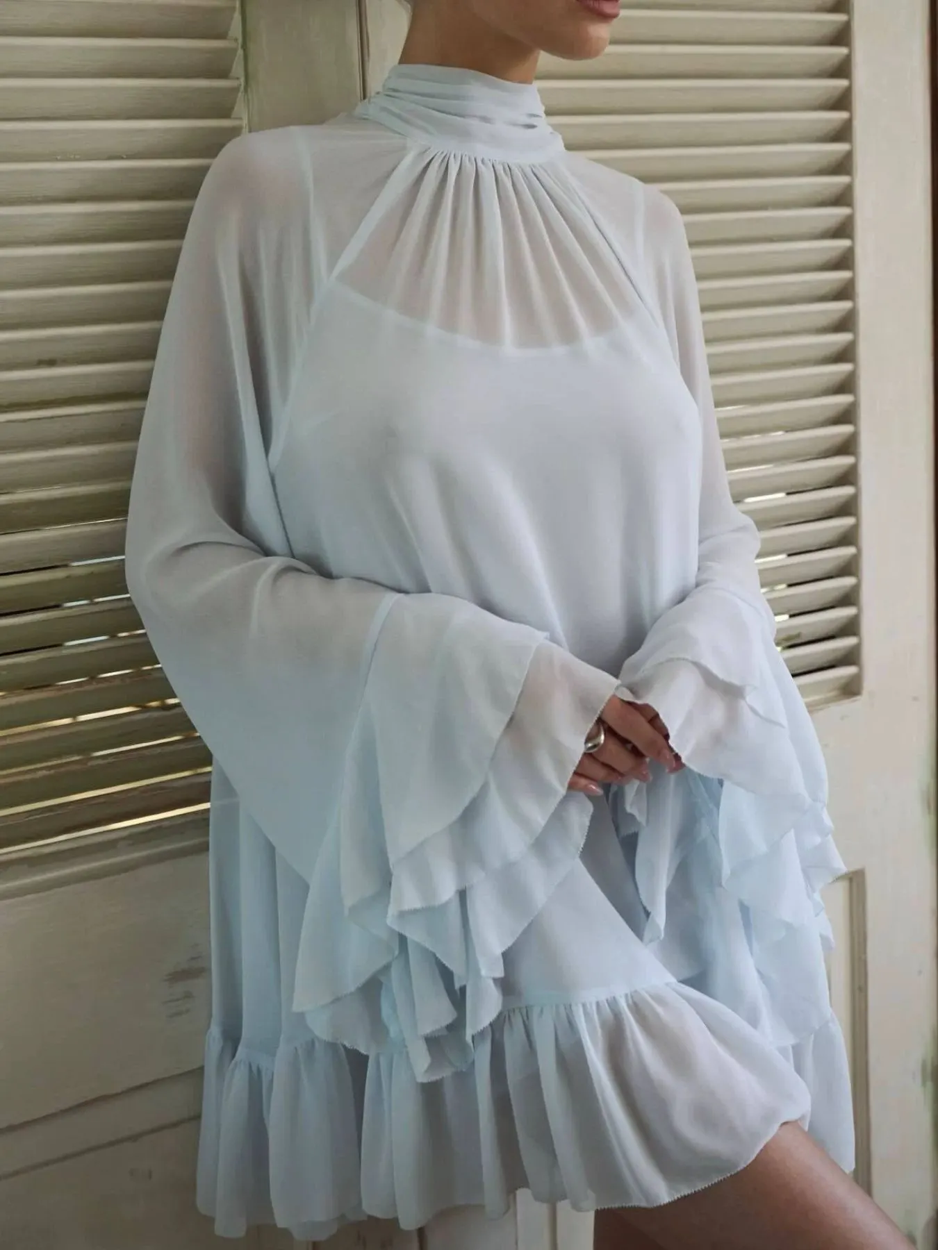 Sheer Mock Neck Flare Sleeve Dress 3