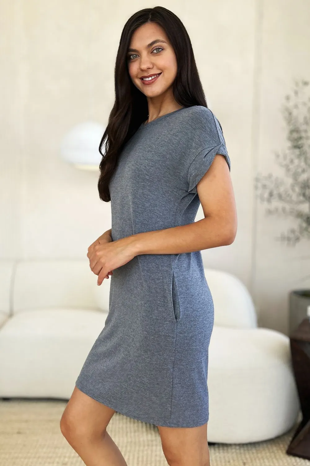 Basic Bae Full Size Solid Round Neck Short Sleeve Casual Loose Mini T-Shirt Dress with Side Pockets 13