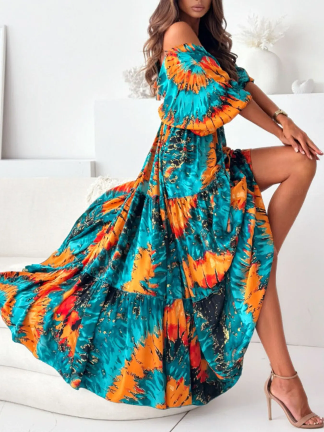 Printed V-Neck Balloon Sleeve Slit Maxi Dress 12