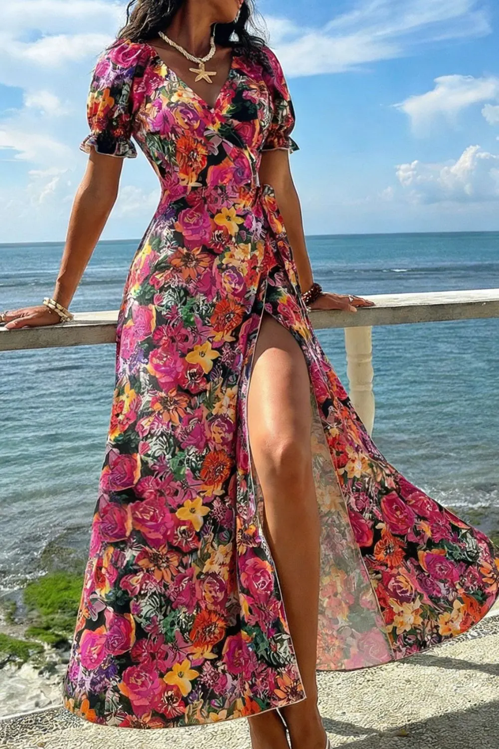 Slit Floral Short Sleeve Maxi Dress 3