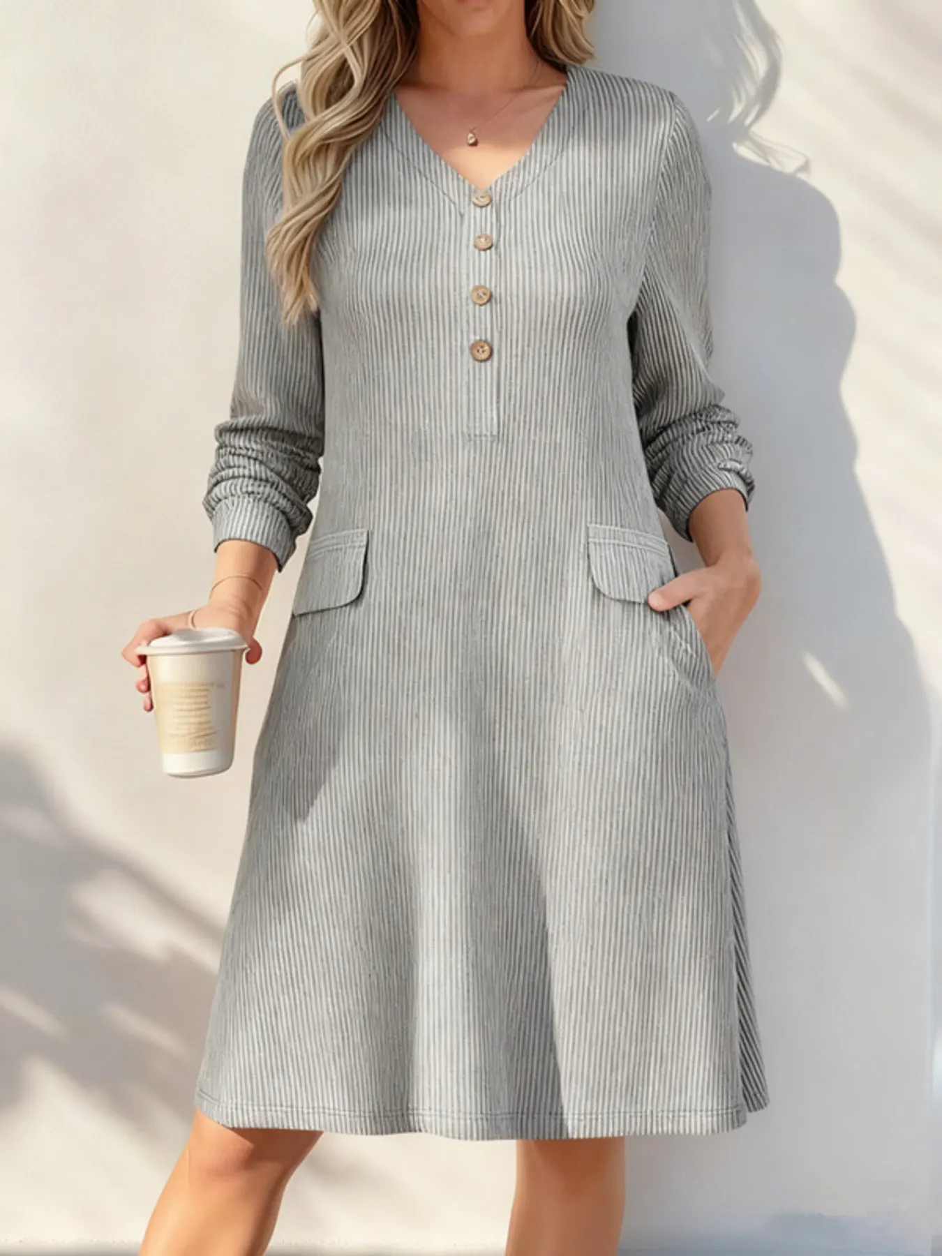 Full Size Ribbed Knit V-Neck Dress Plus Size 5