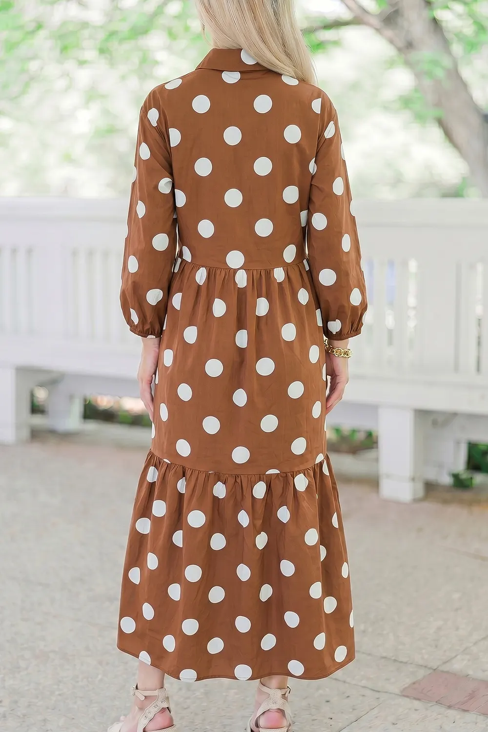 Polka Dot Button Front Long Sleeve Shift Dress 3