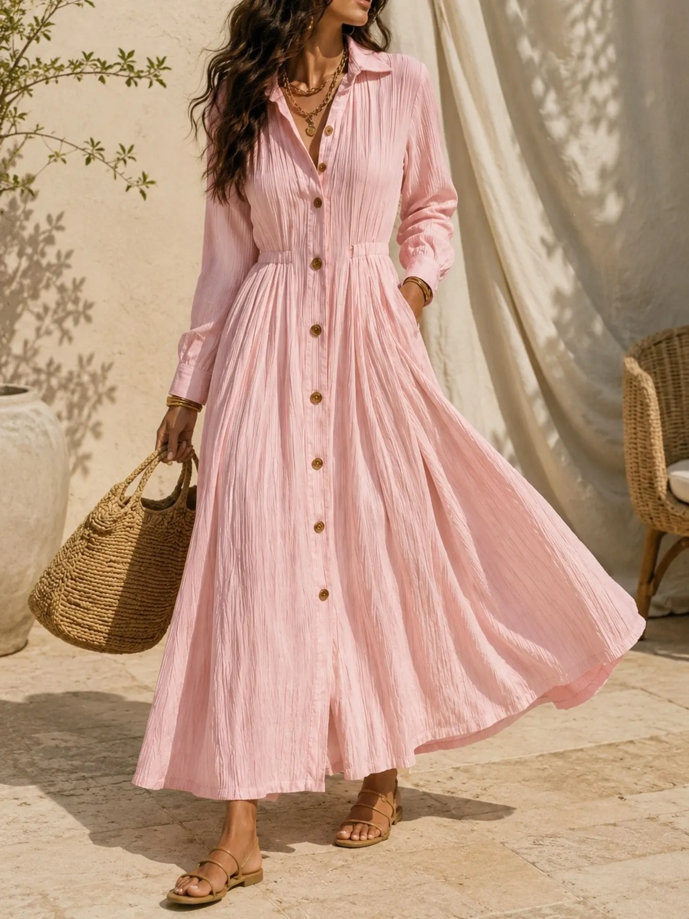 Full Size Textured Button Front Long Sleeve Maxi Dress Plus Size 19