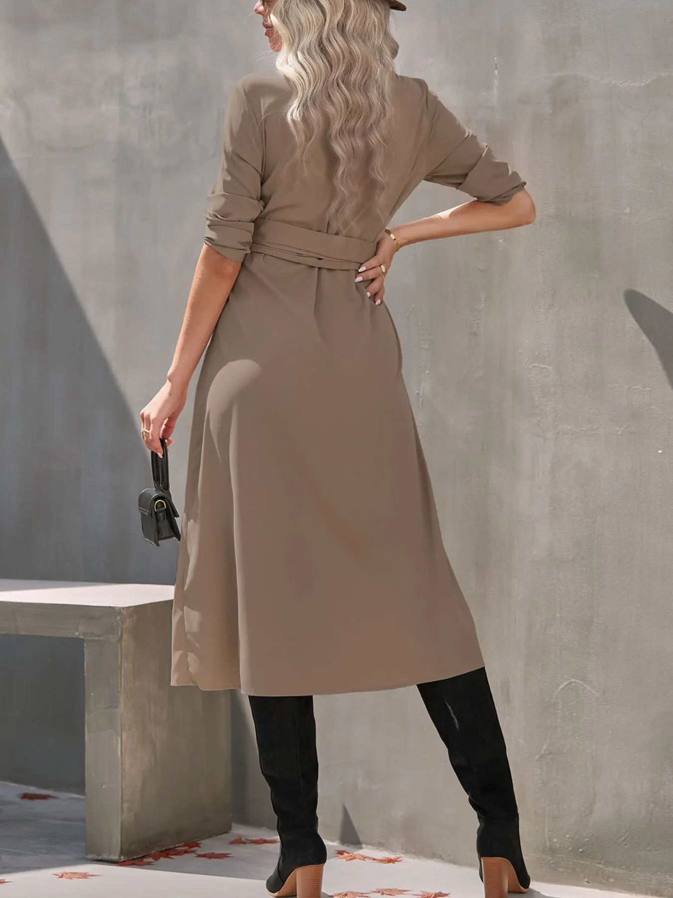 Full Size Tie Waist Long Sleeve Shirt Dress Plus Size 5