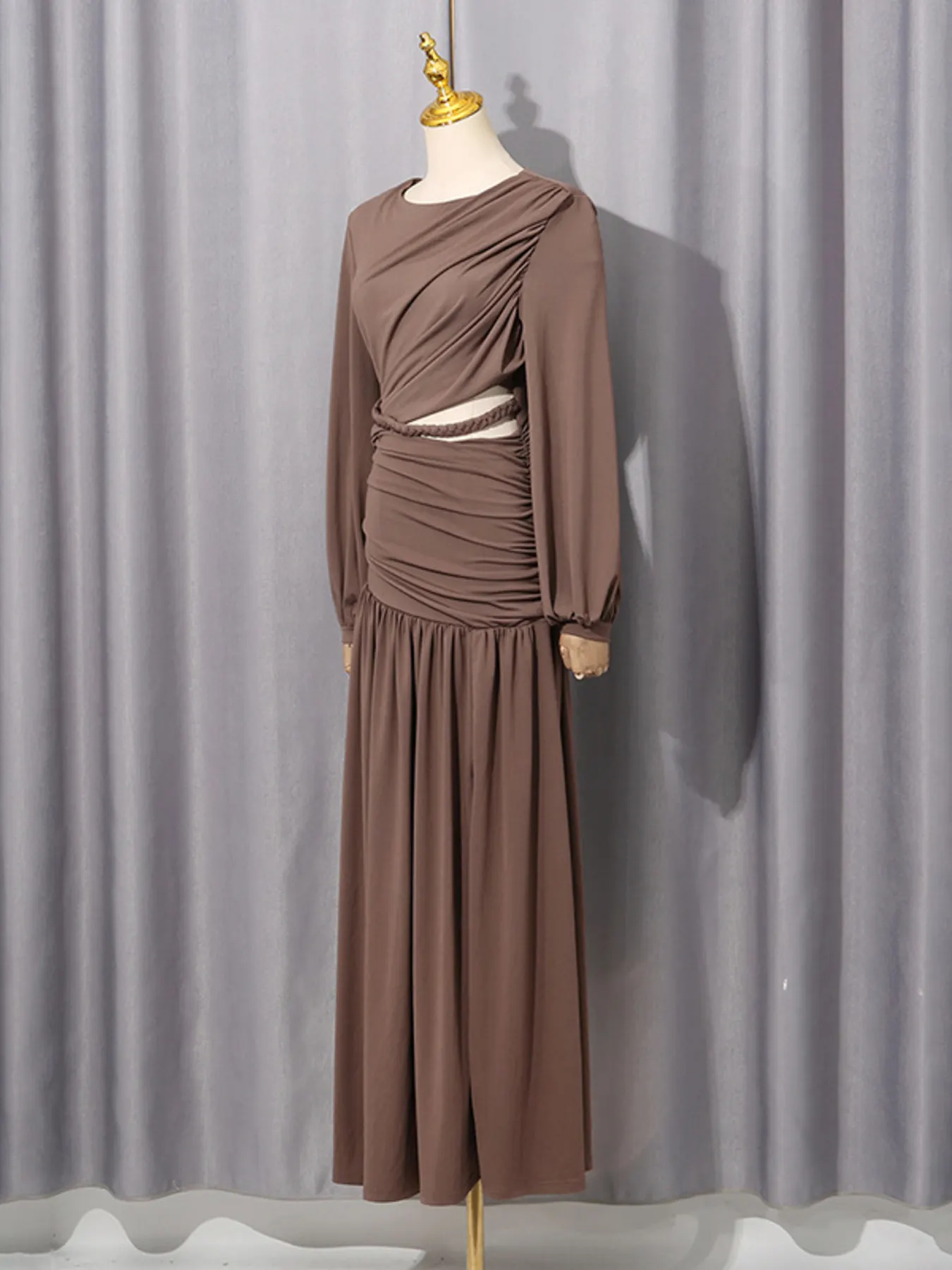 Ruched Long-Sleeve Maxi Dress with Cutout Detail 3