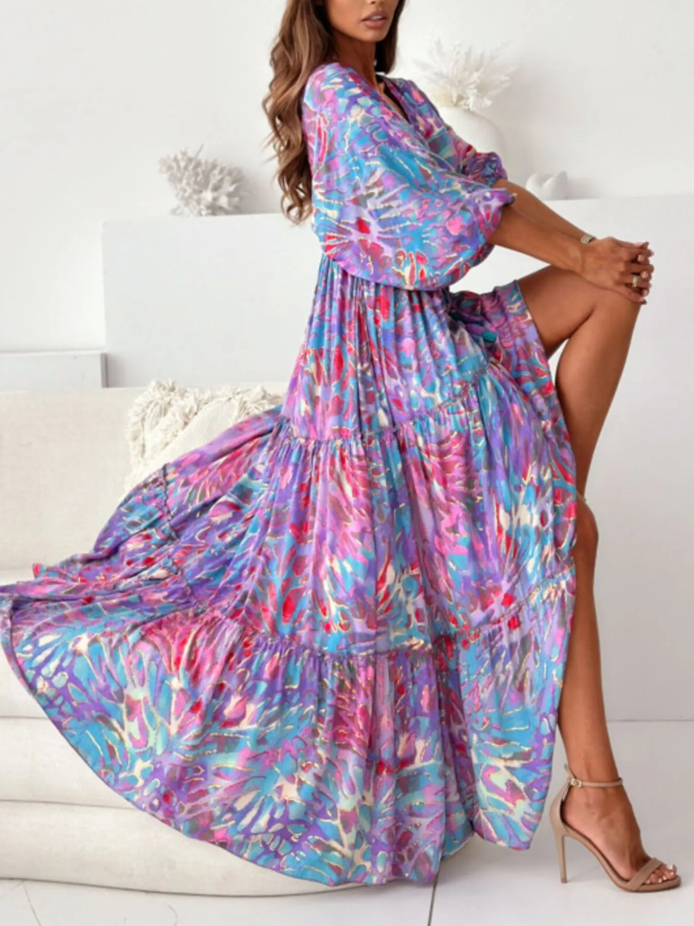 Printed V-Neck Balloon Sleeve Slit Maxi Dress 9