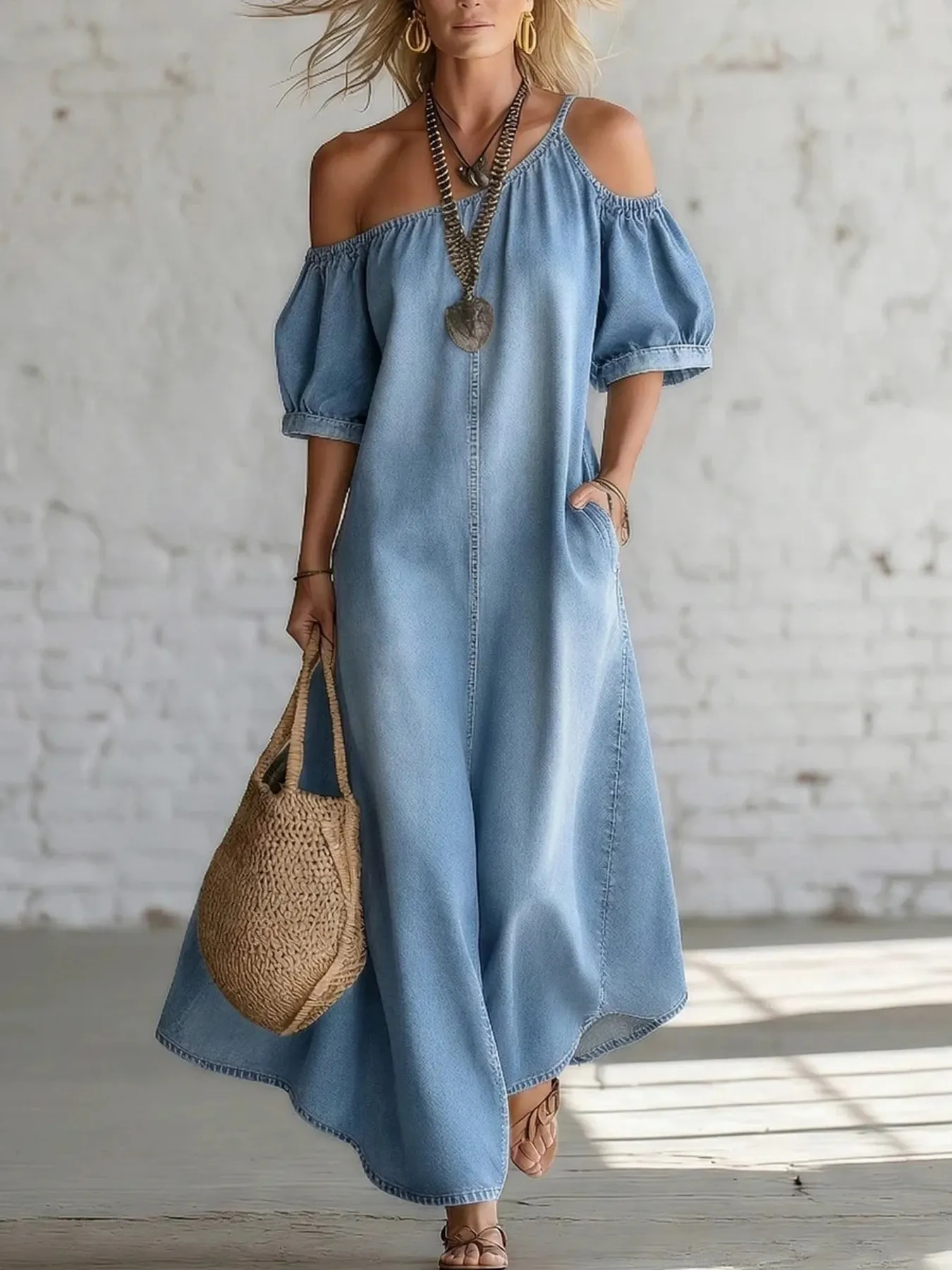 Asymmetrical Neck Denim Maxi Dress with Pockets 5