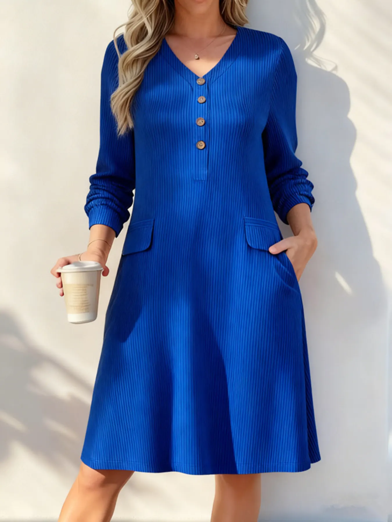 Full Size Ribbed Knit V-Neck Dress Plus Size 3