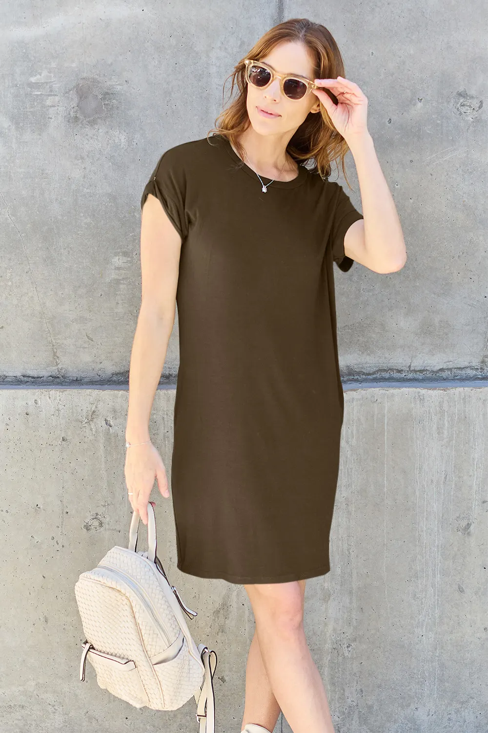 Basic Bae Full Size Solid Round Neck Short Sleeve Casual Loose Mini T-Shirt Dress with Side Pockets 23