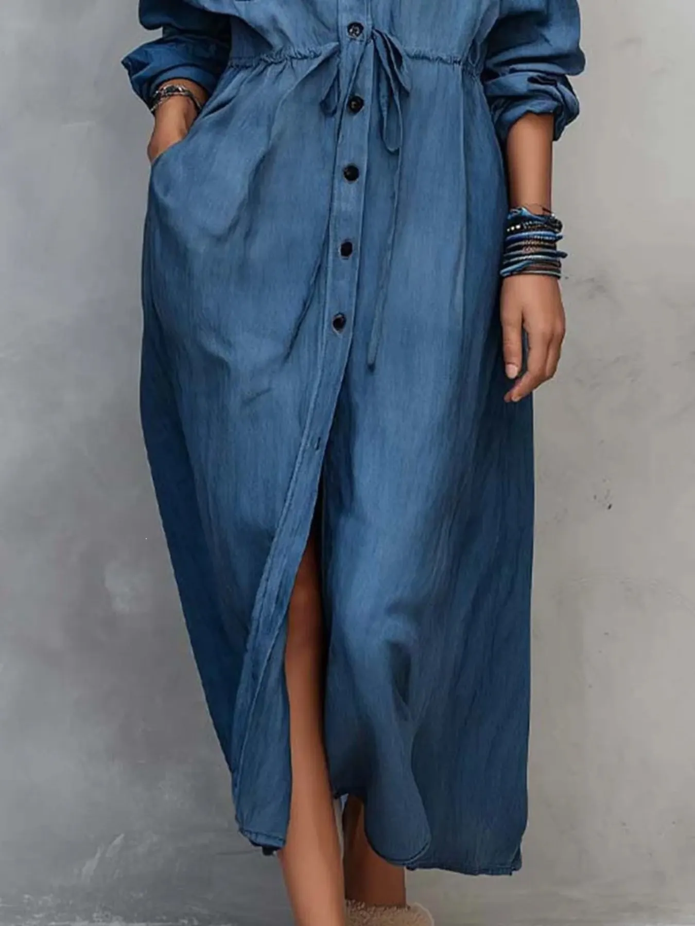 Full Size Button Front Long Sleeve Shirt Dress Plus Size 4