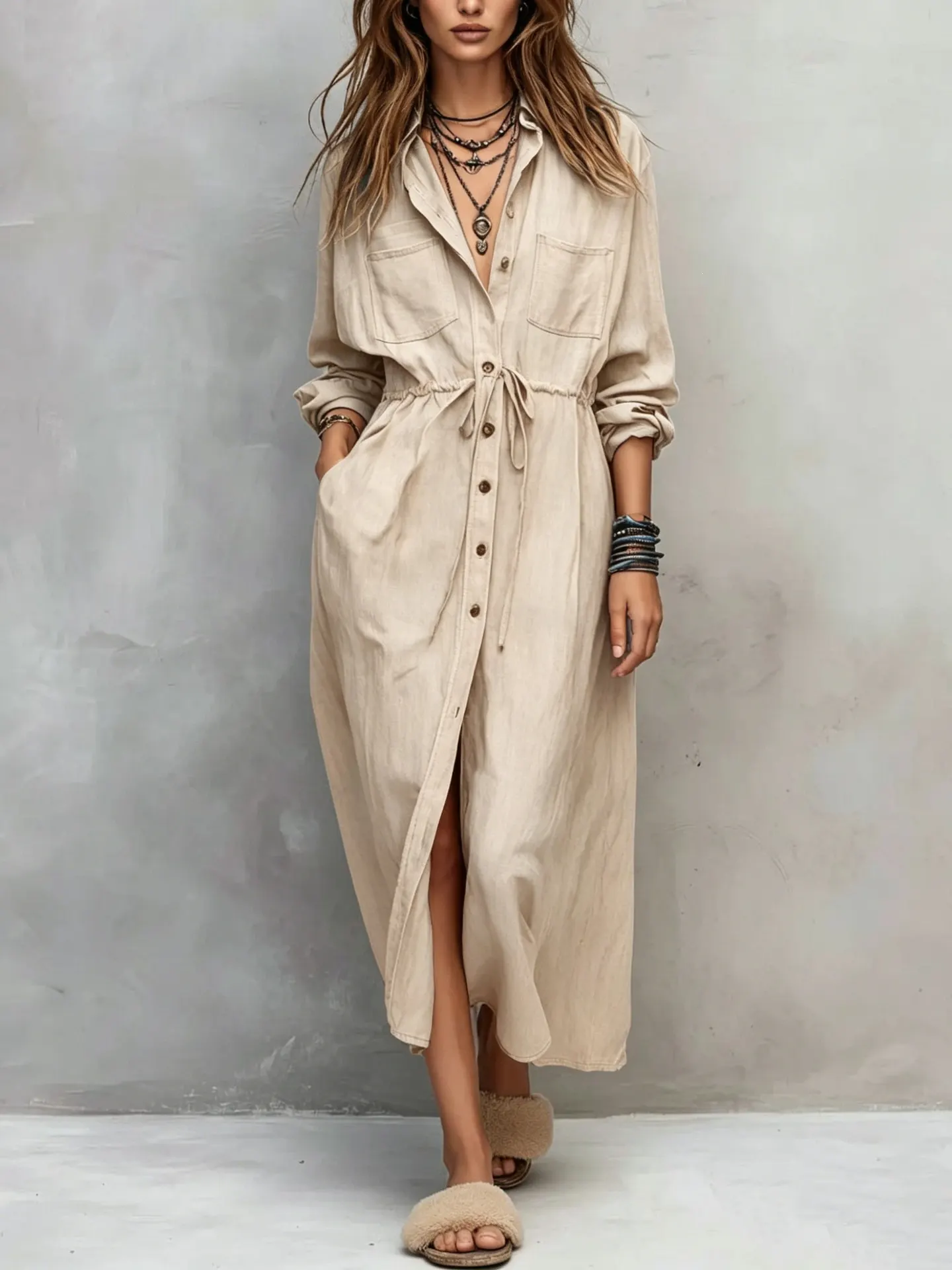 Full Size Button Front Long Sleeve Shirt Dress Plus Size 7