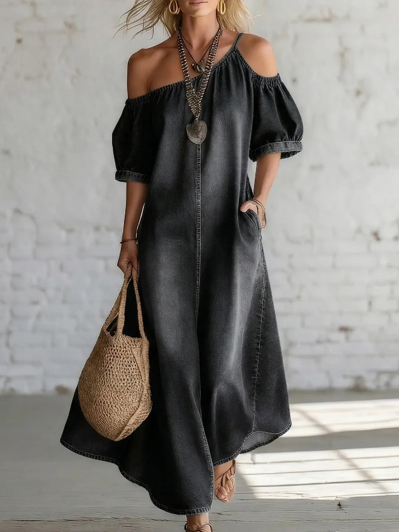Asymmetrical Neck Denim Maxi Dress with Pockets 4