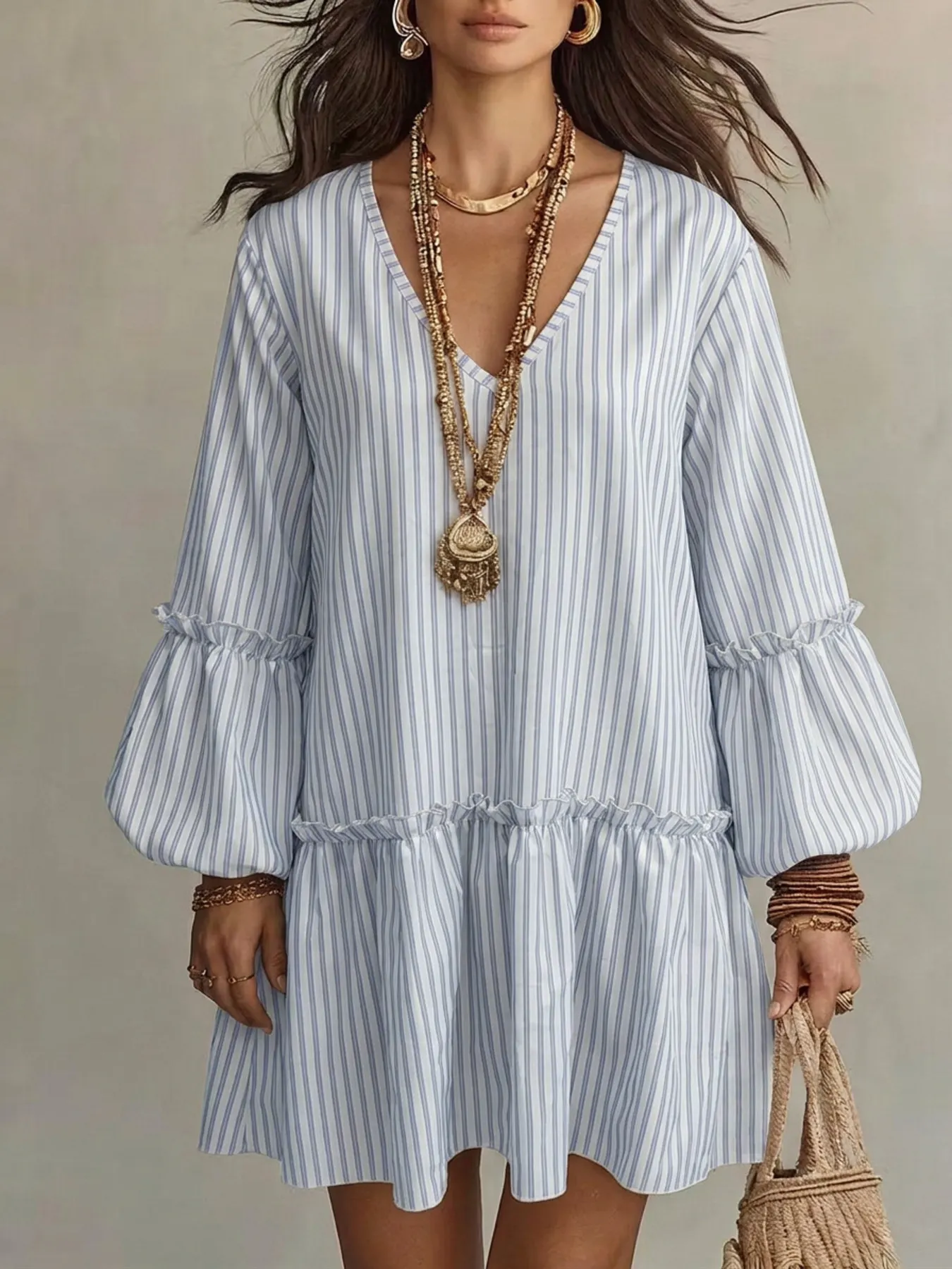 Full Size Striped Balloon Sleeve Mini Dress Plus Size 6